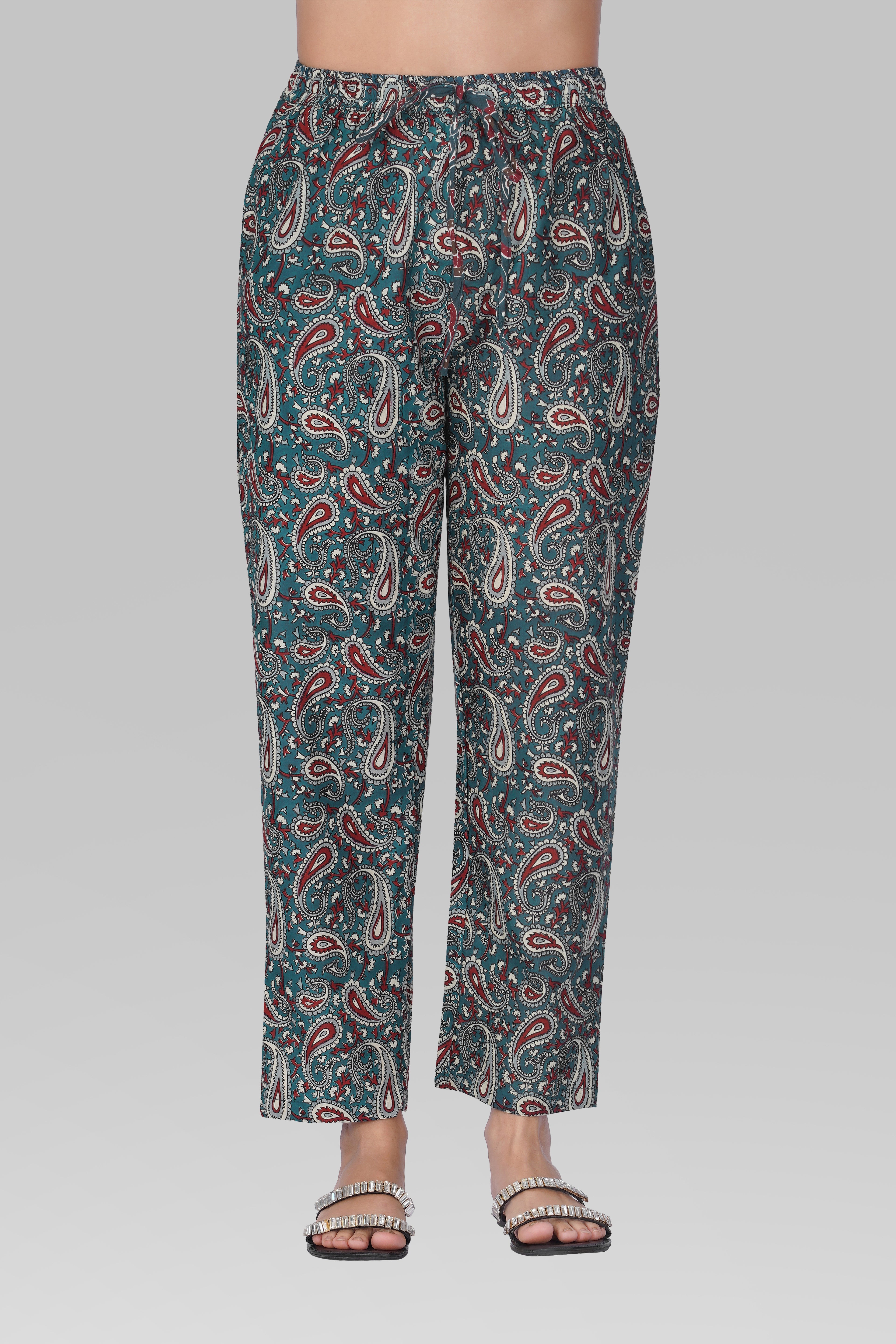 Teal Blue Cotton Printed Pyjama Set