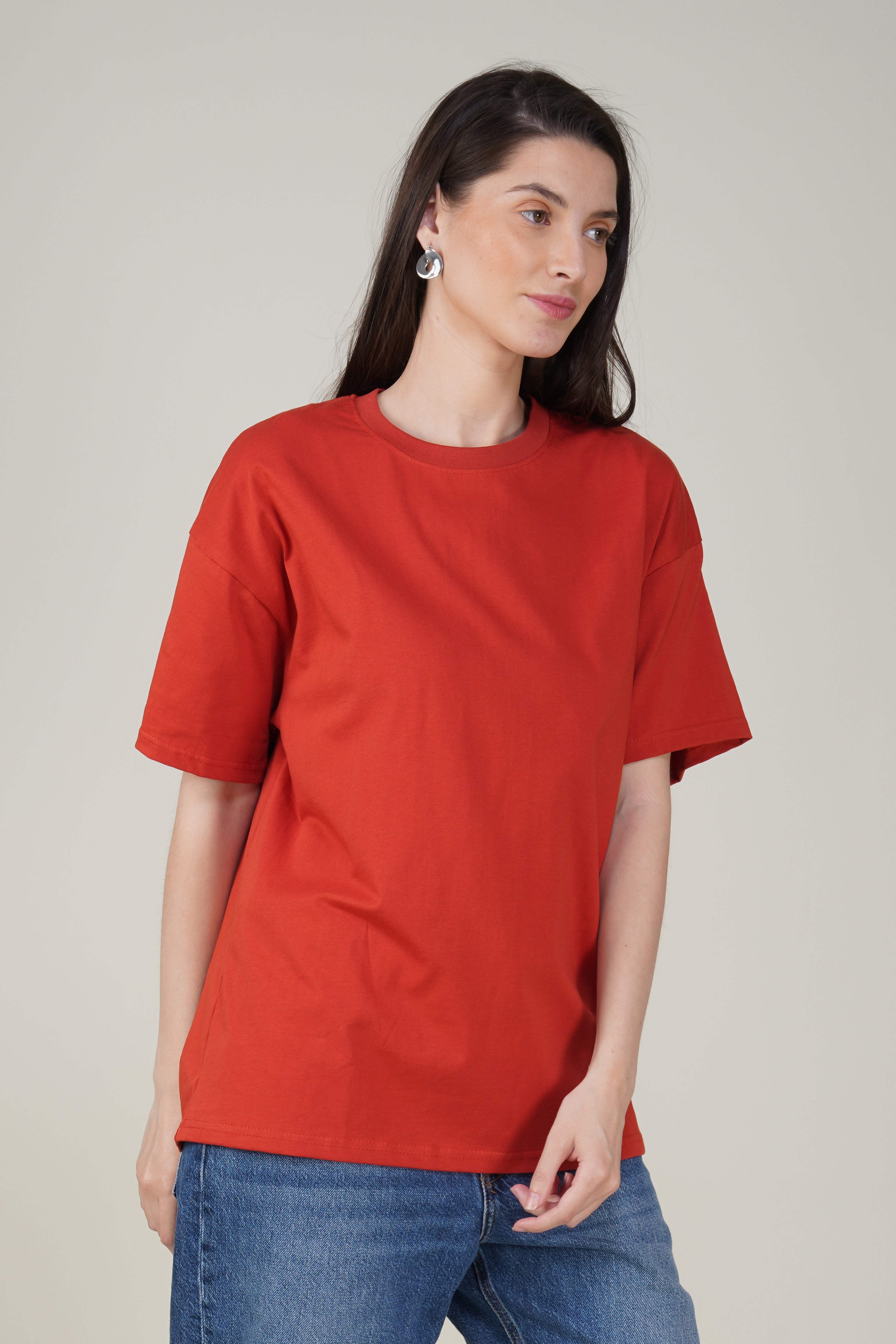 Tomato Red Cotton Oversized Crew Neck T-Shirt