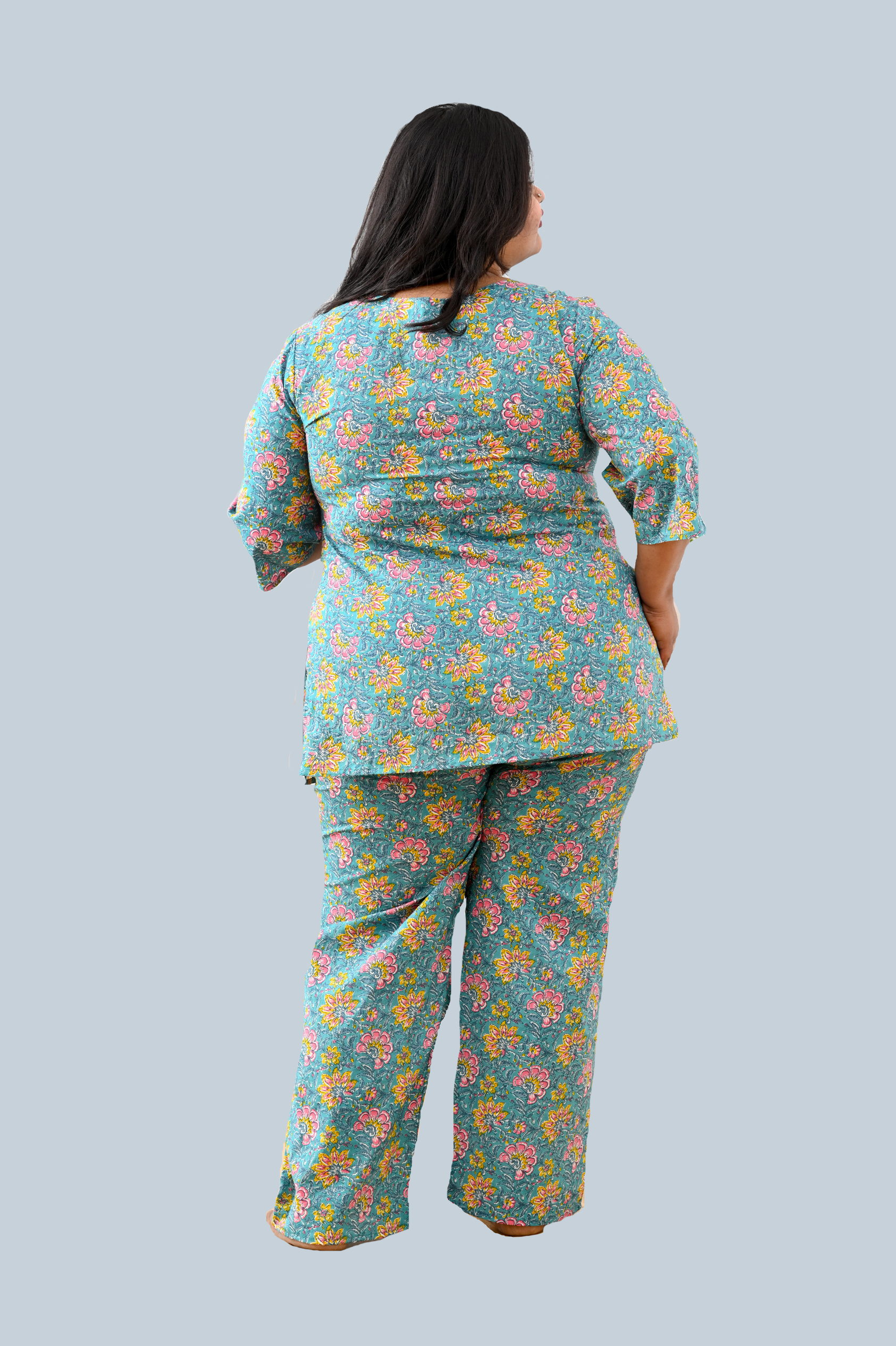 Turquoise Plus Size Cotton Printed Pyjama Set