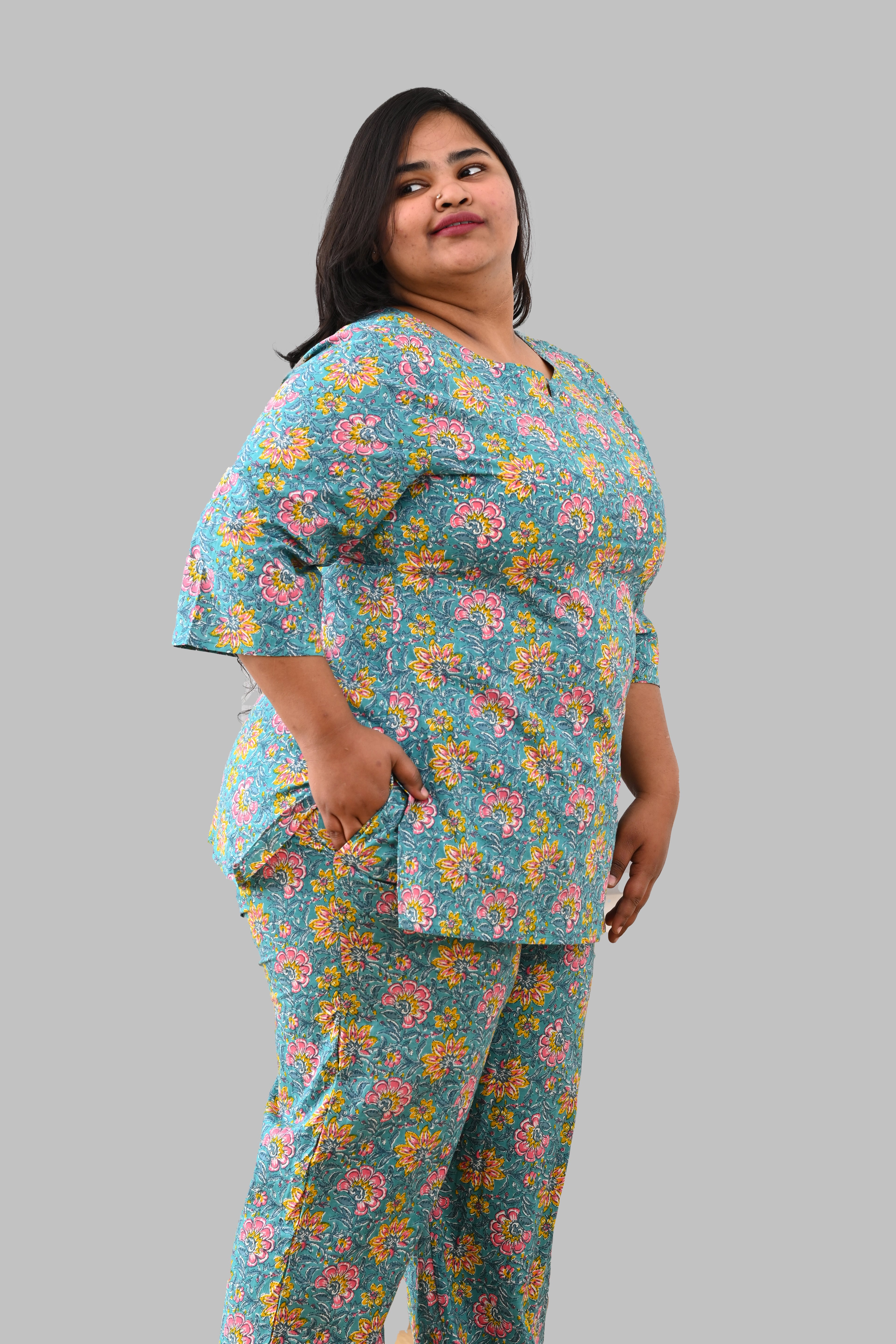 Turquoise Plus Size Cotton Printed Pyjama Set