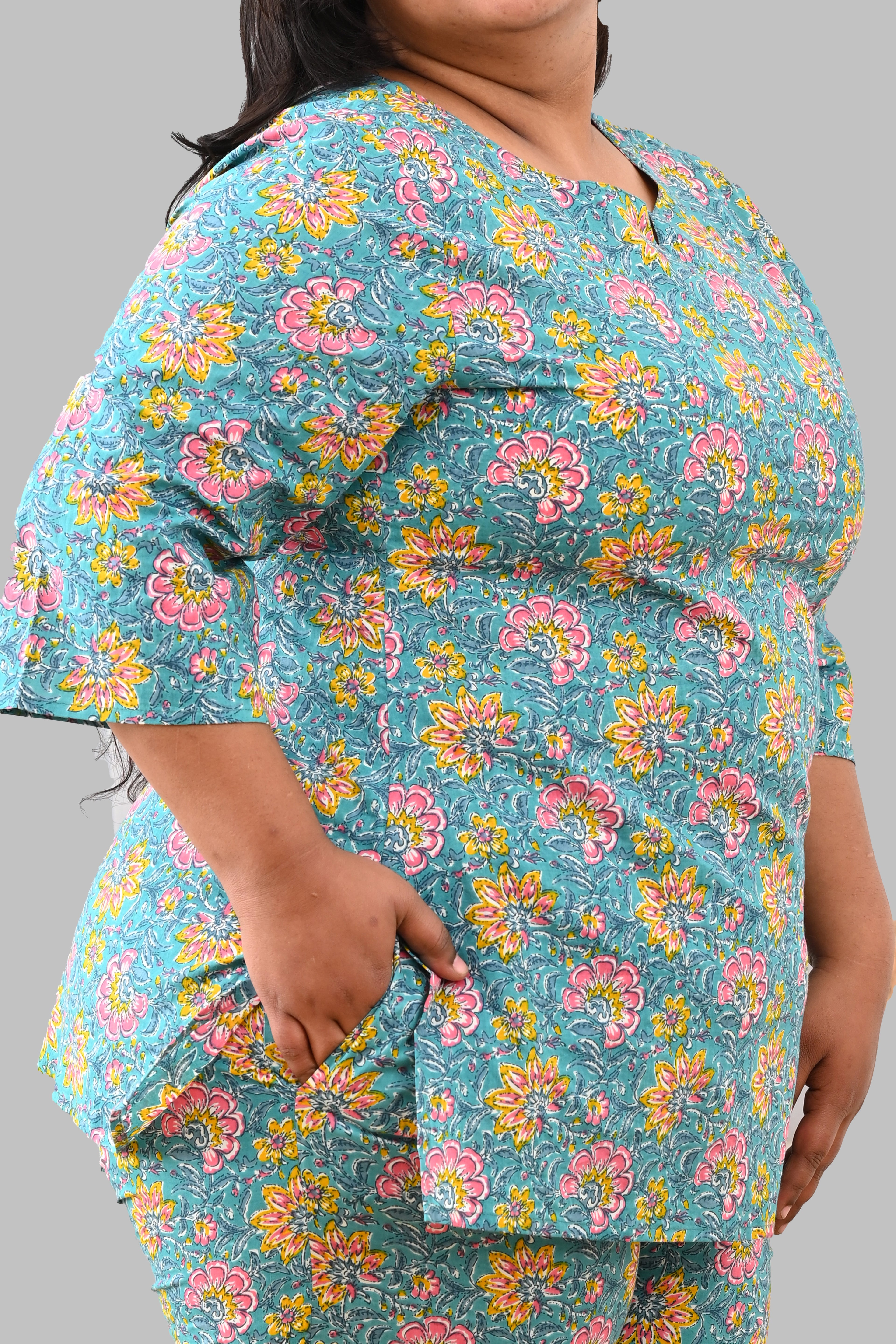 Turquoise Plus Size Cotton Printed Pyjama Set