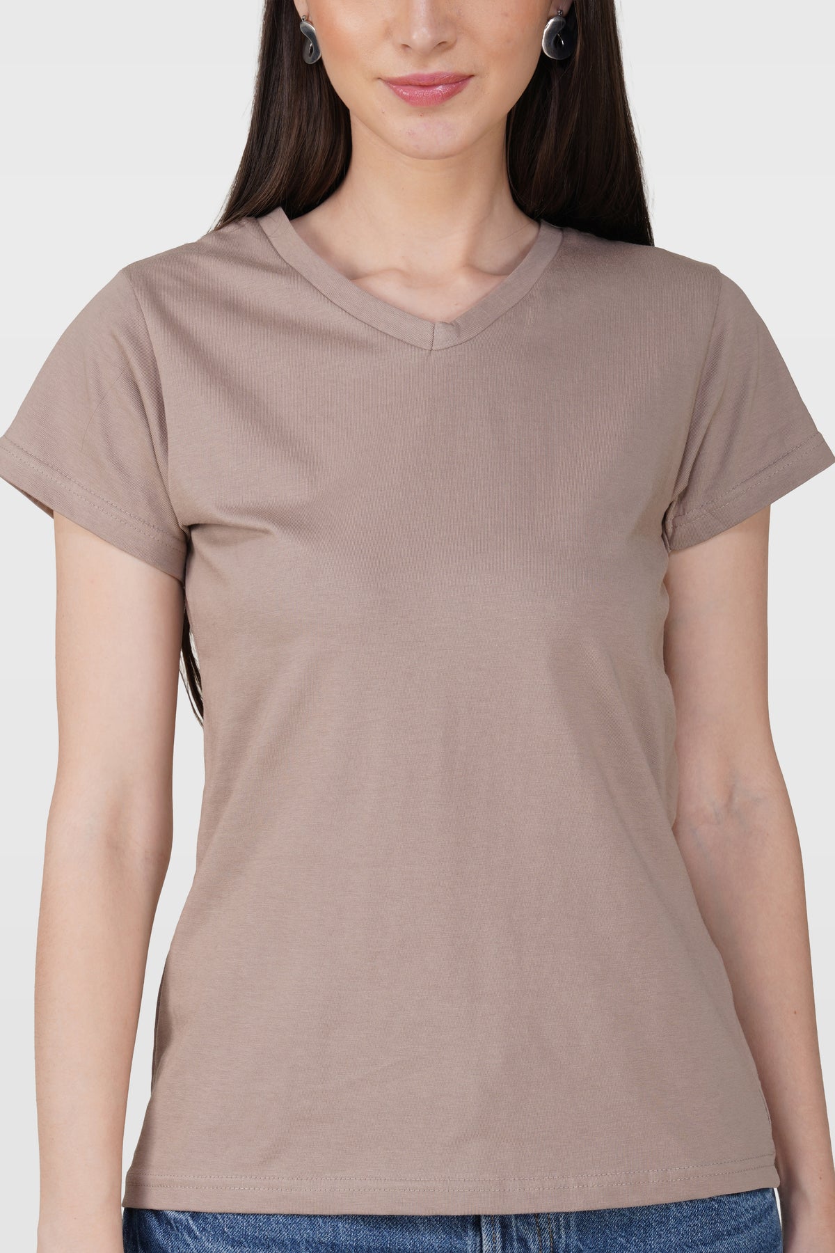 Warm Grey Cotton V-Neck T-Shirt