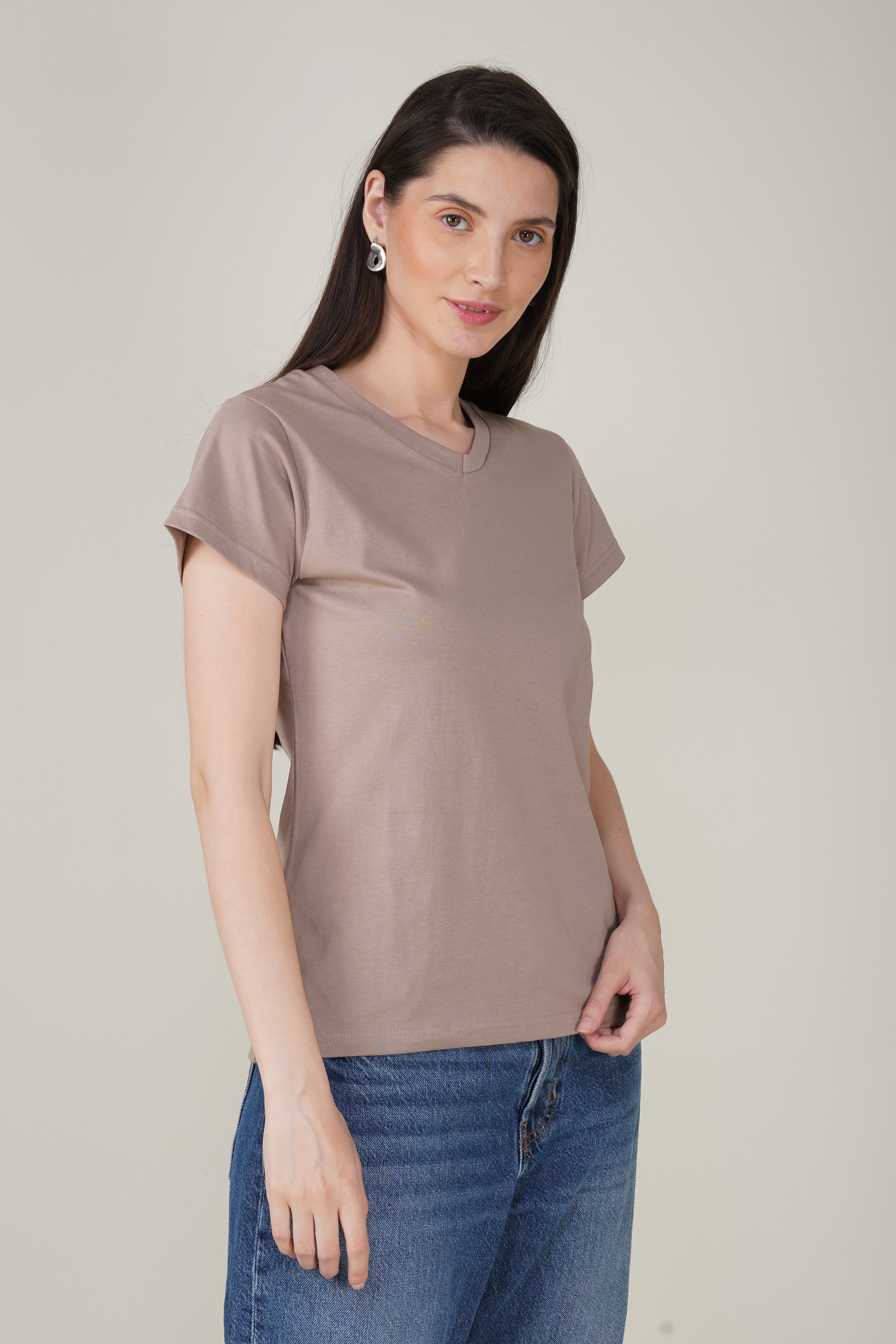 Warm Grey Cotton V-Neck T-Shirt