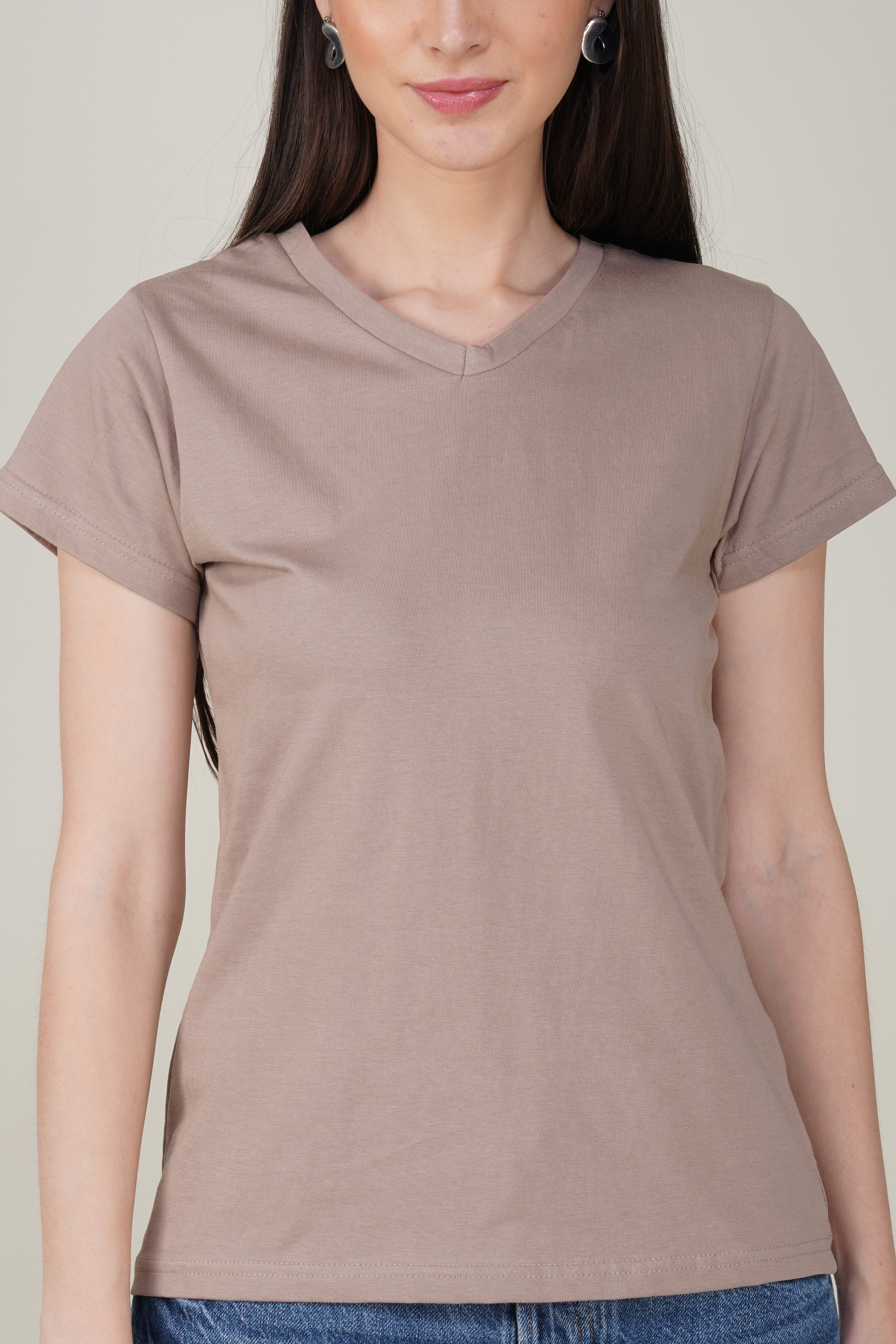 Warm Grey Cotton V-Neck T-Shirt