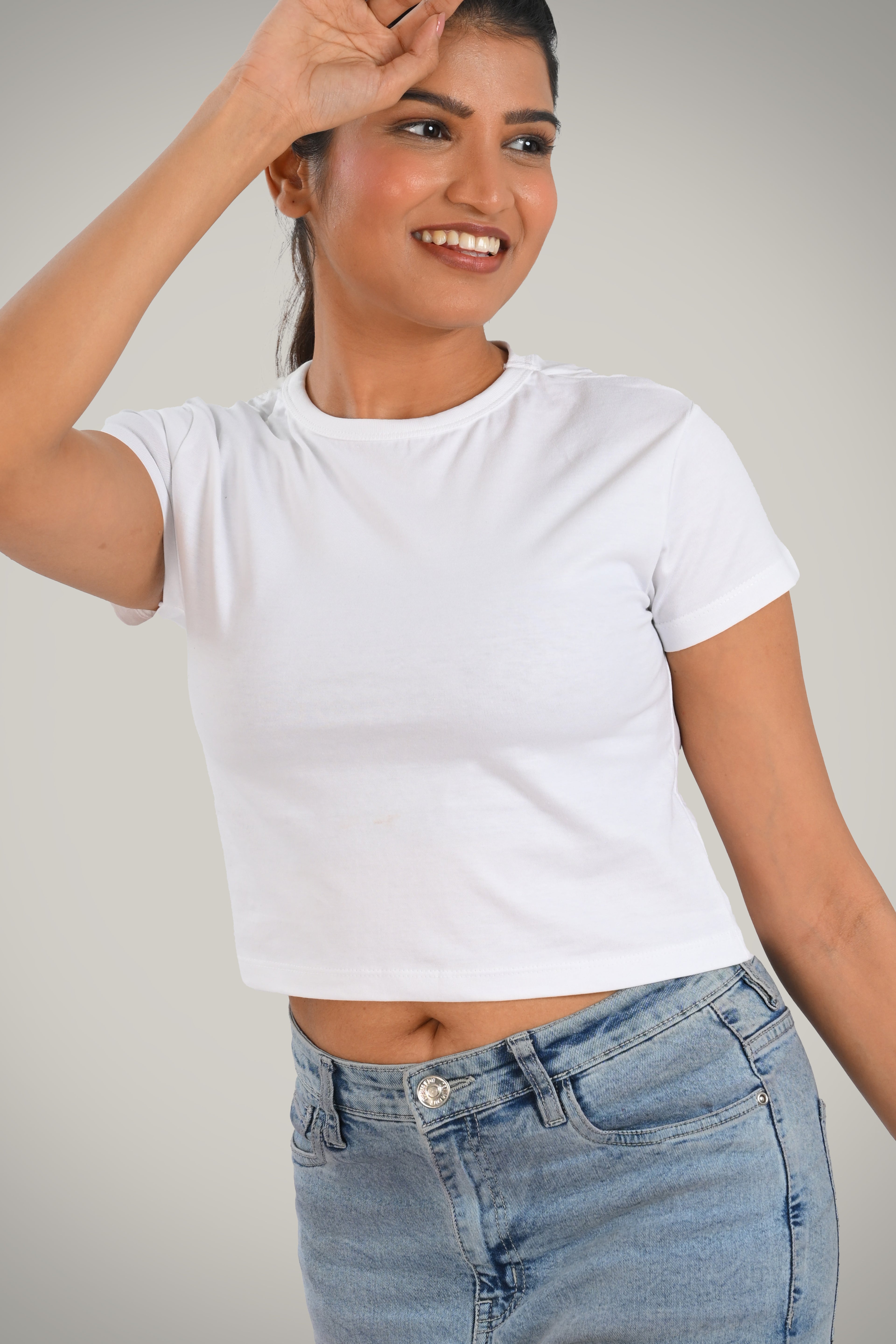 White Cotton Crop Crew Neck T-Shirt
