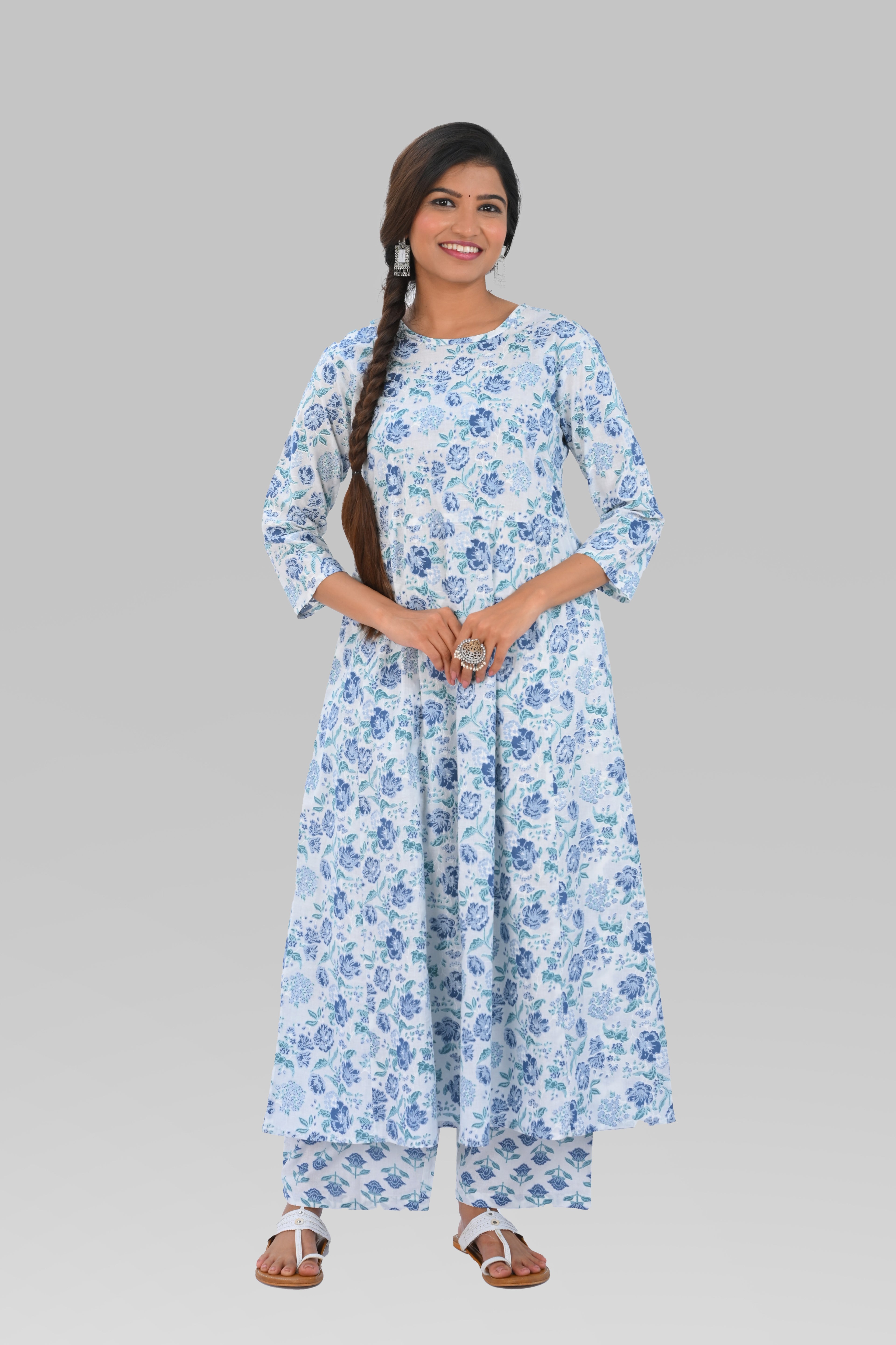 White Cotton Printed Kurta Set