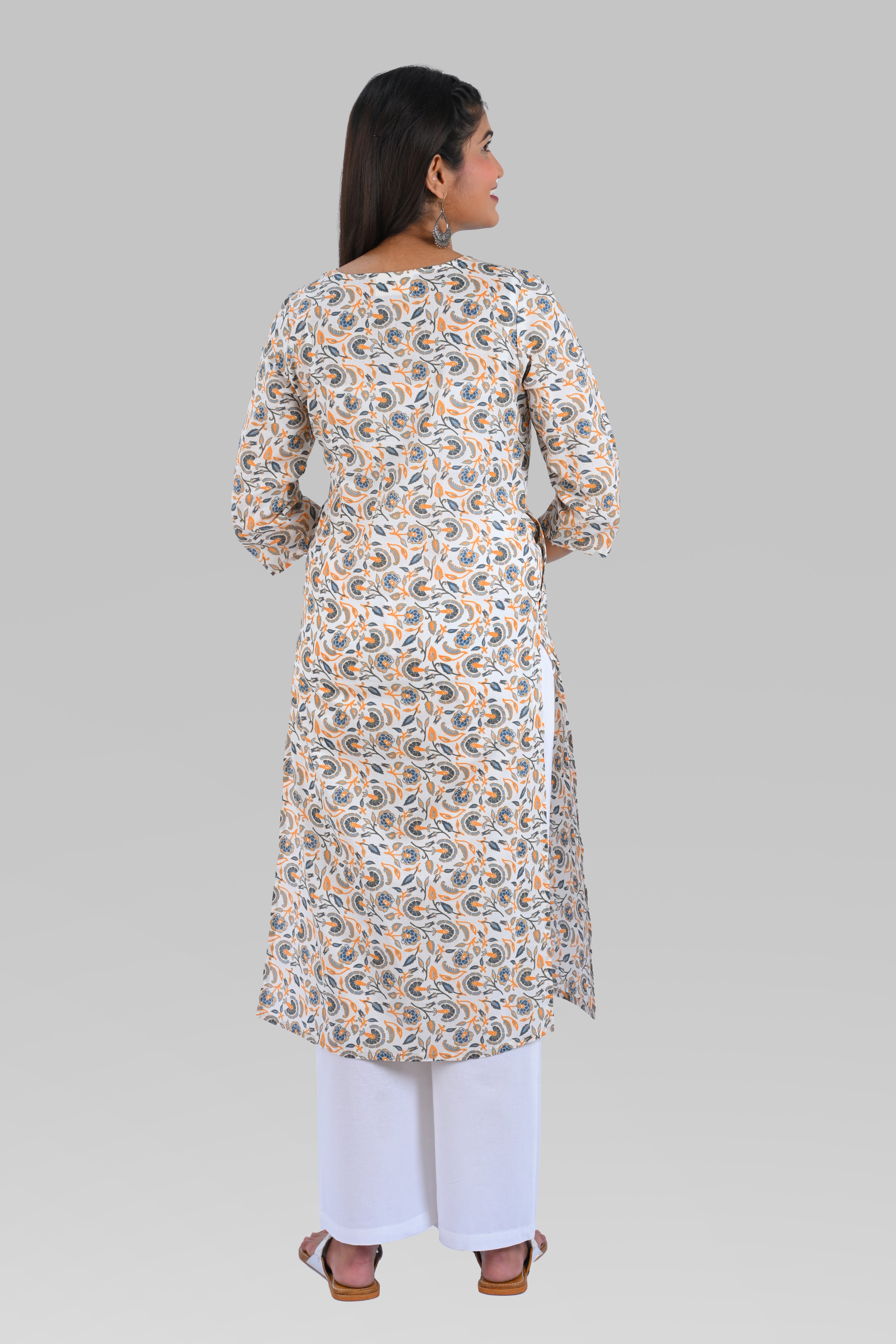 White Cotton Printed Long Kurta