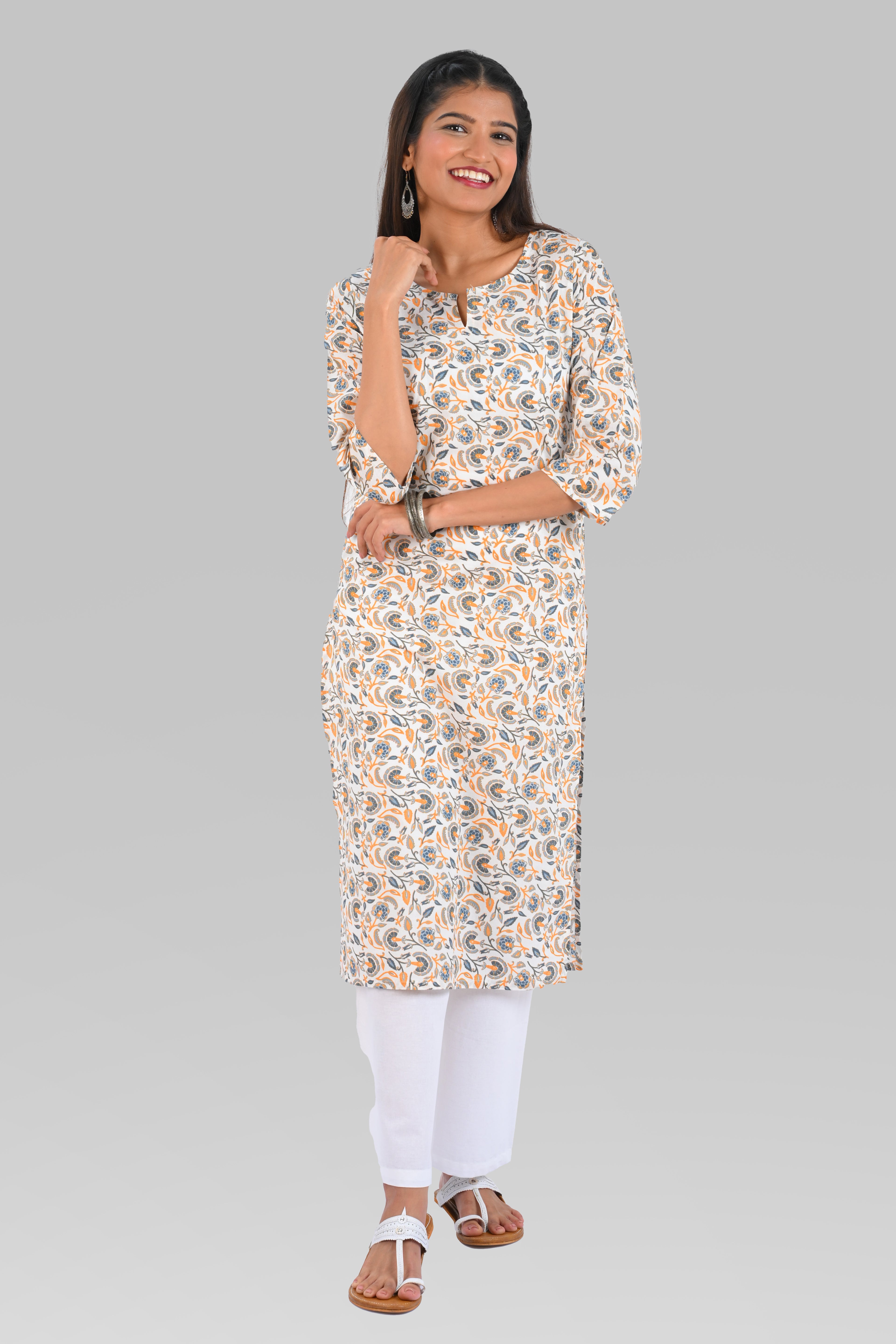 White Cotton Printed Long Kurta