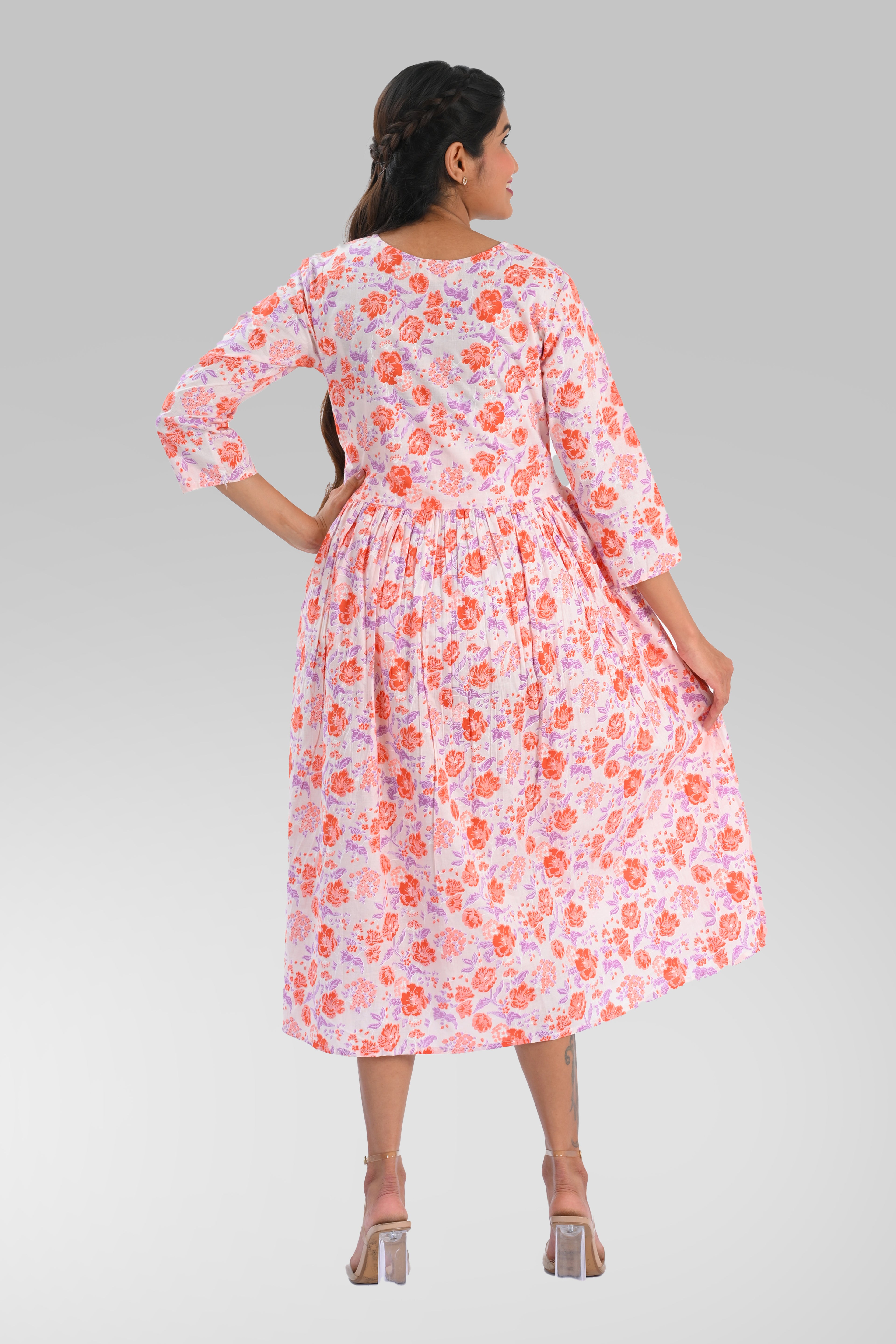 White Cotton Printed Midi Dress