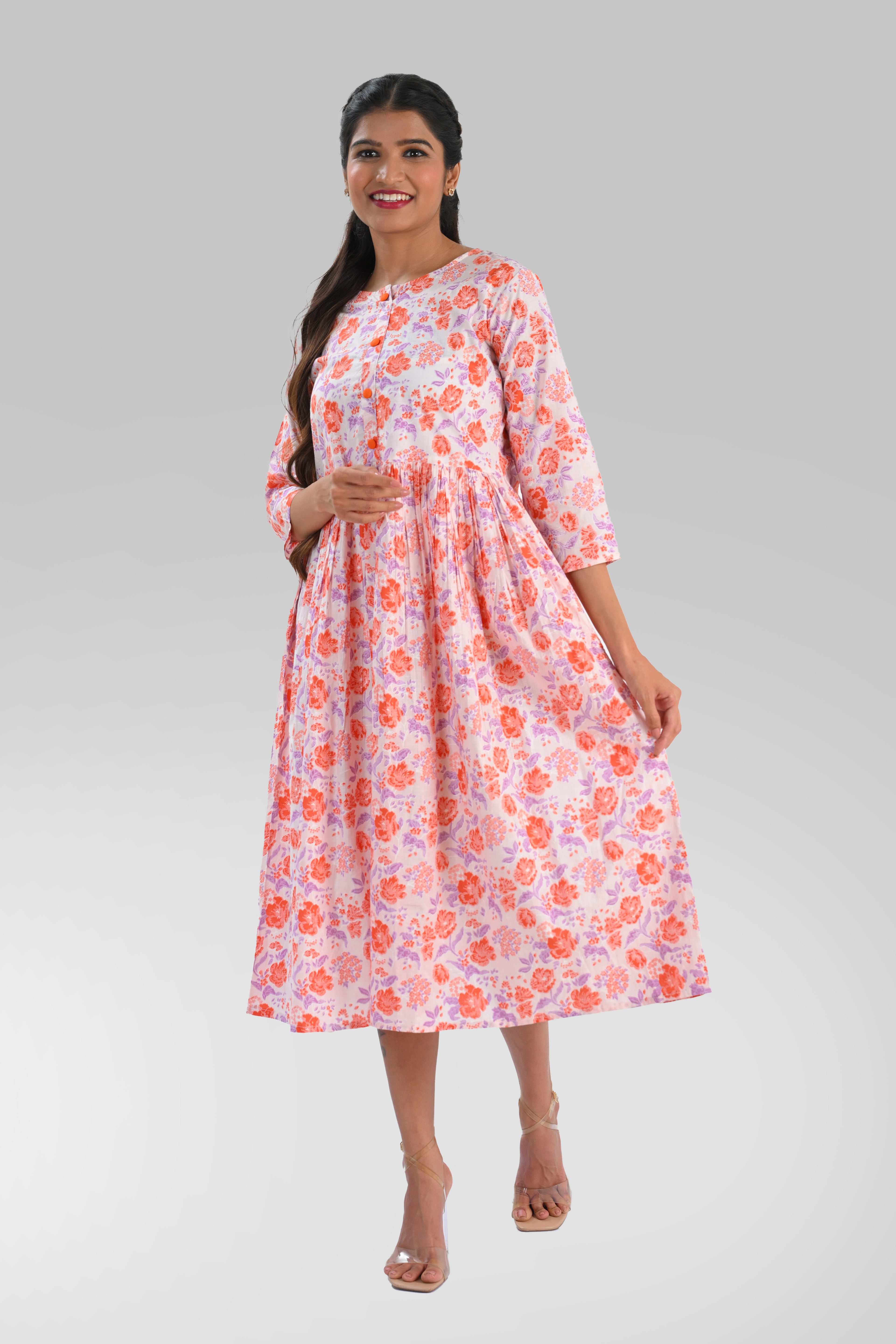 White Cotton Printed Midi Dress