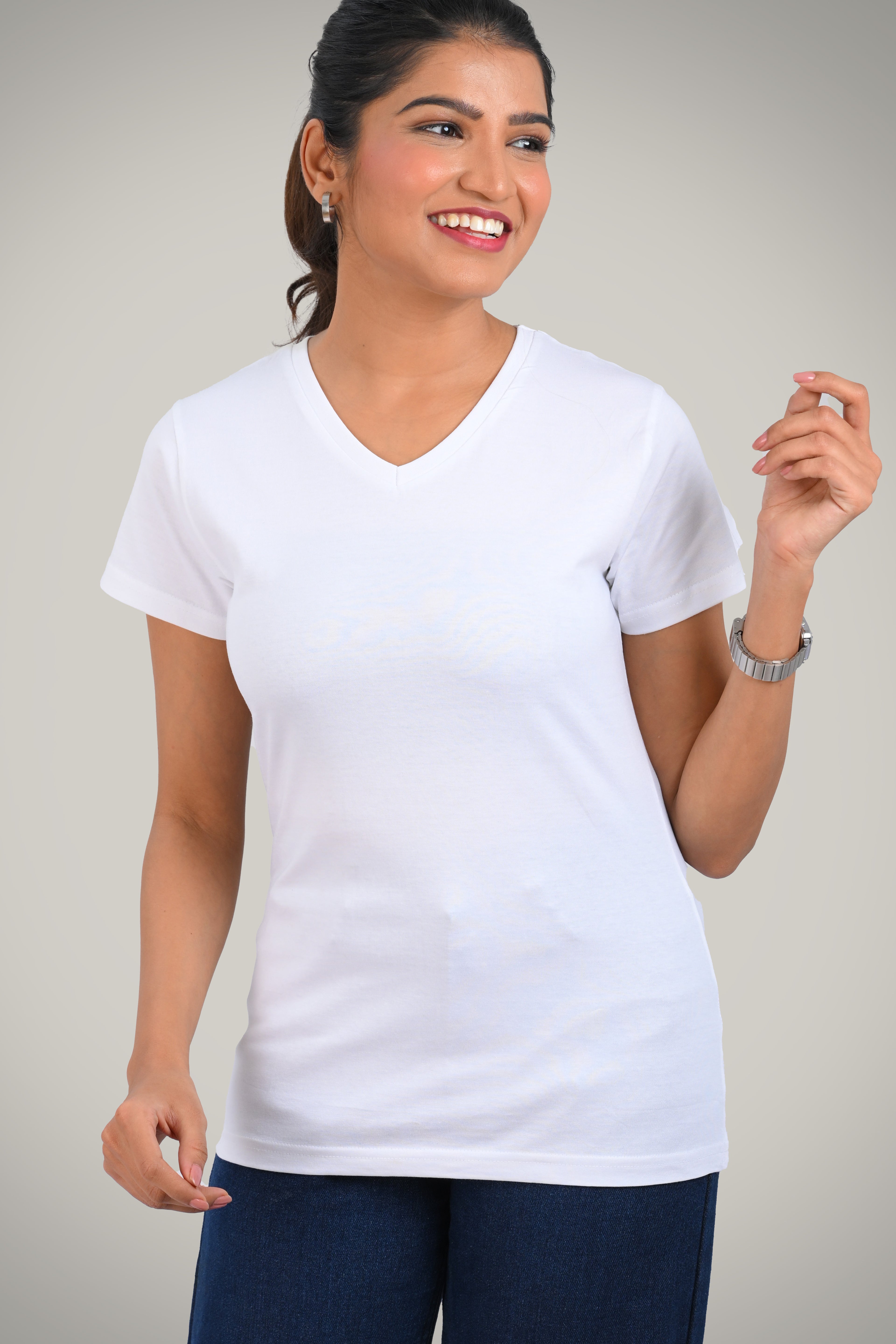 White Cotton V Neck T-Shirt
