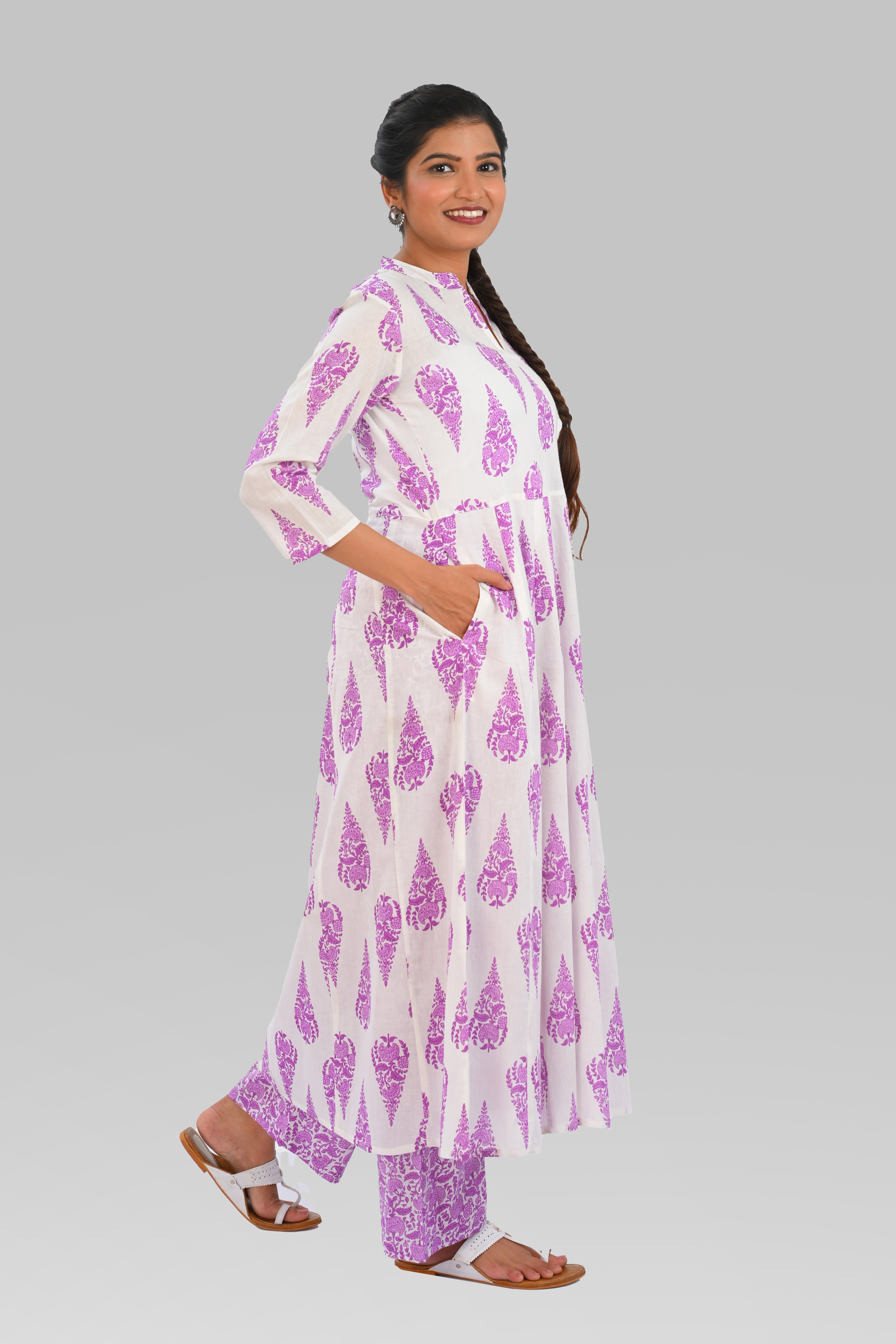 White French Lilac Cotton Printed Kurta Set