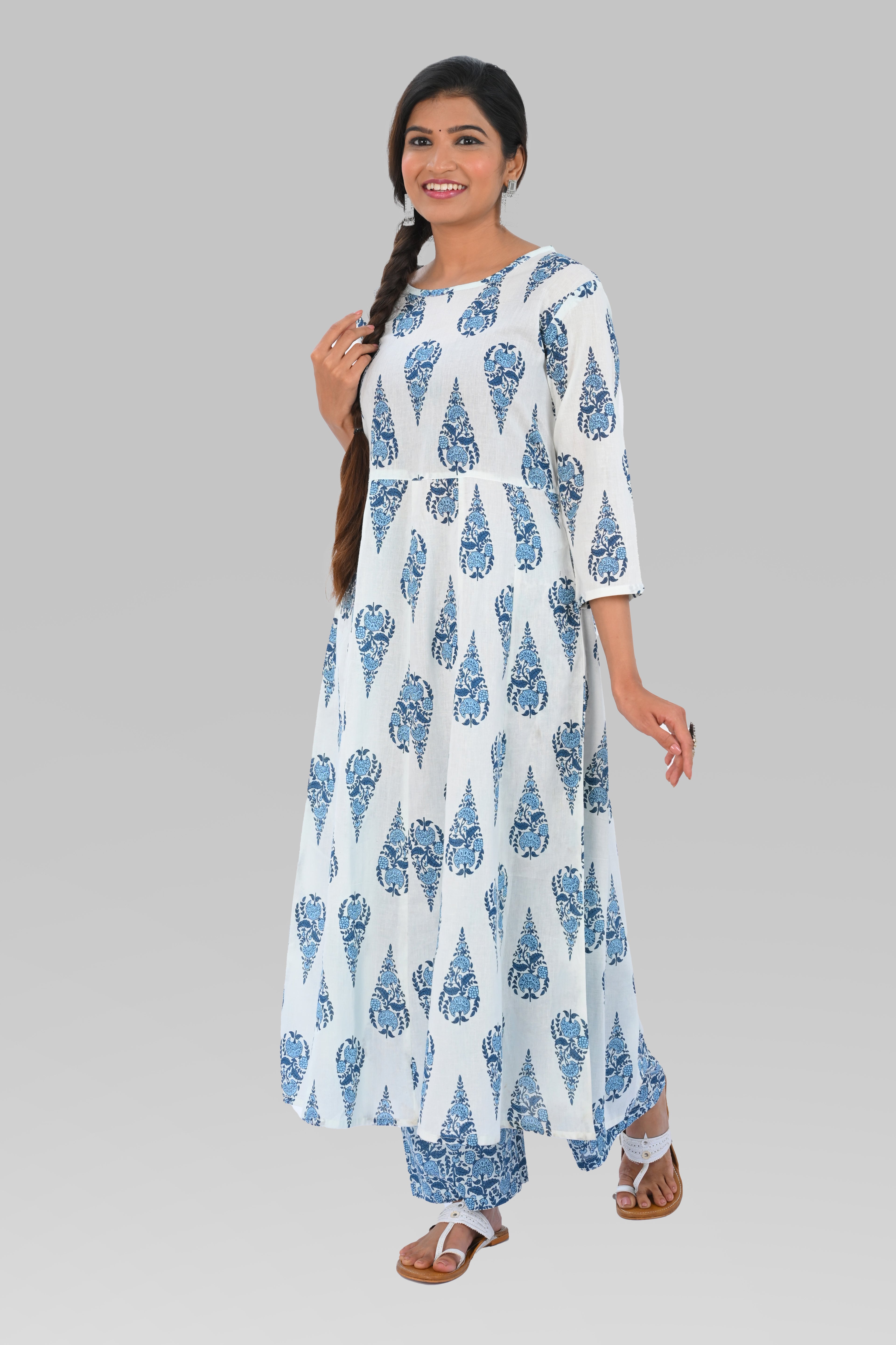 White Indigo Cotton Printed Kurta Set