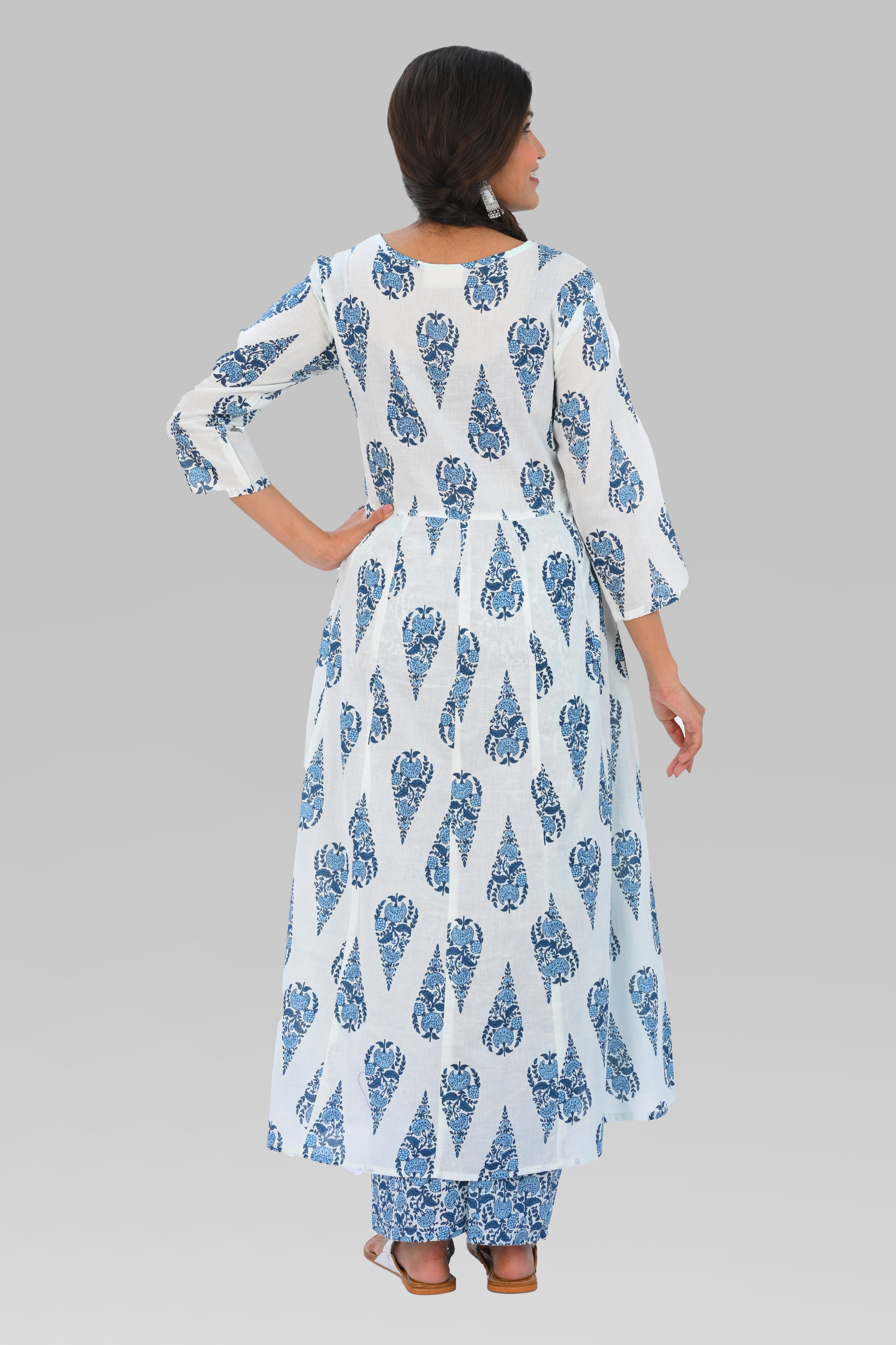 White Indigo Cotton Printed Kurta Set