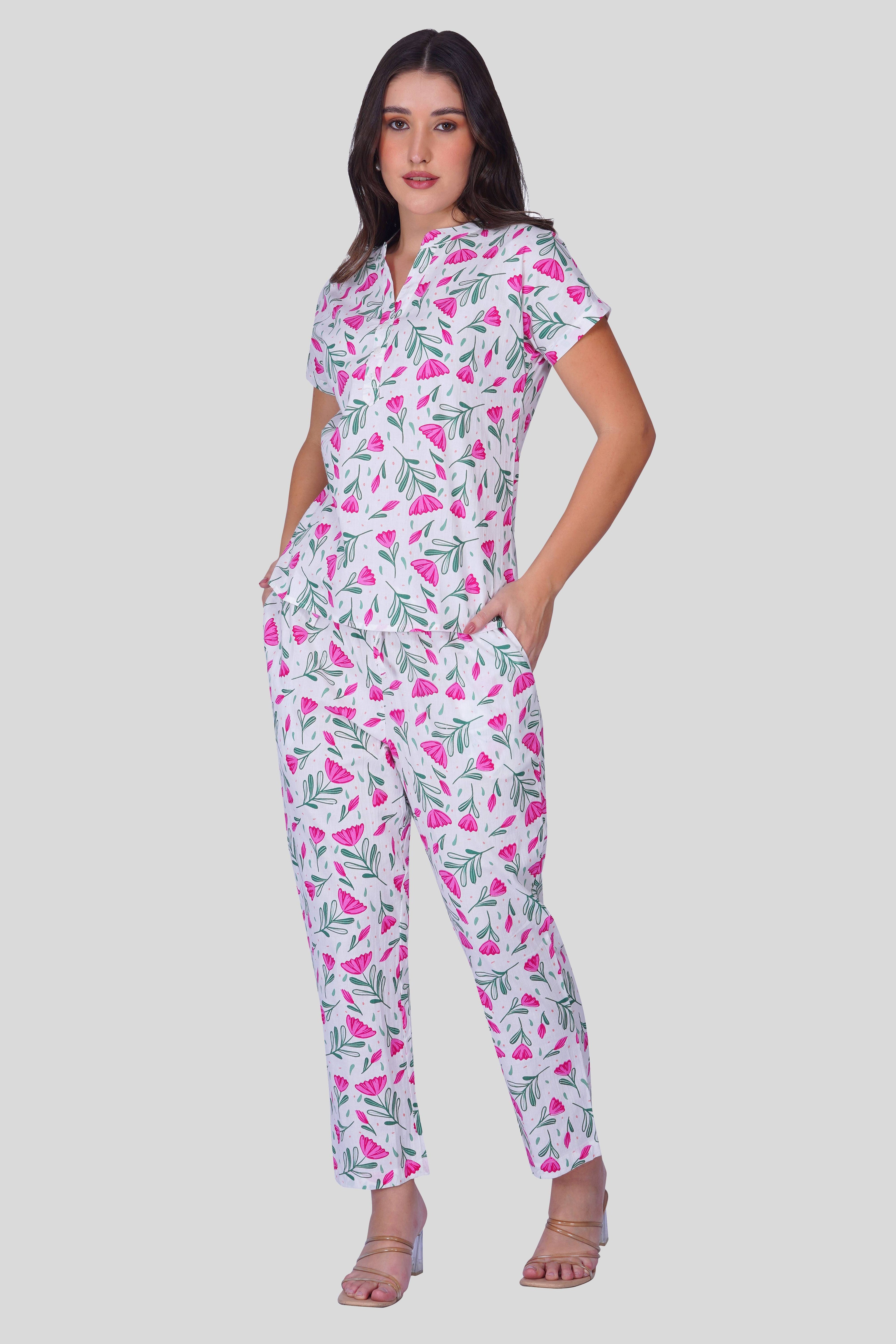 White Notch Collar Cotton Printed Pyjama Set