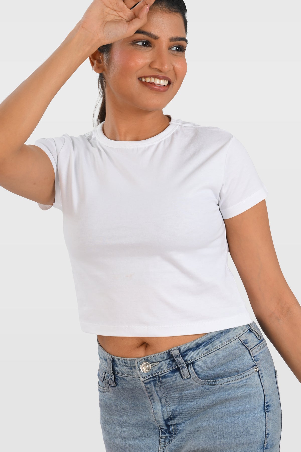 White Cotton Crop Crew Neck T-Shirt