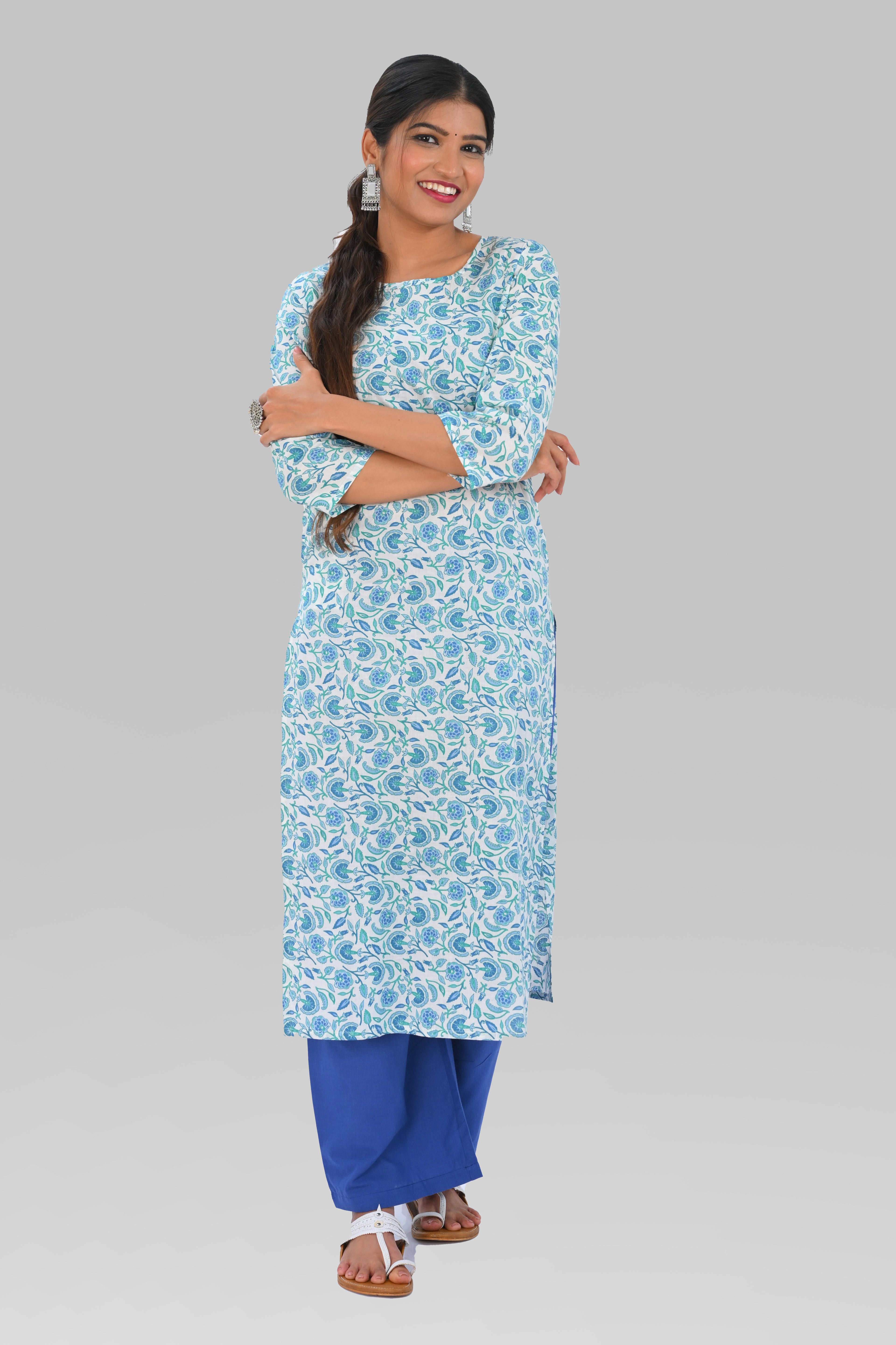 White Cotton Printed Kurta Set