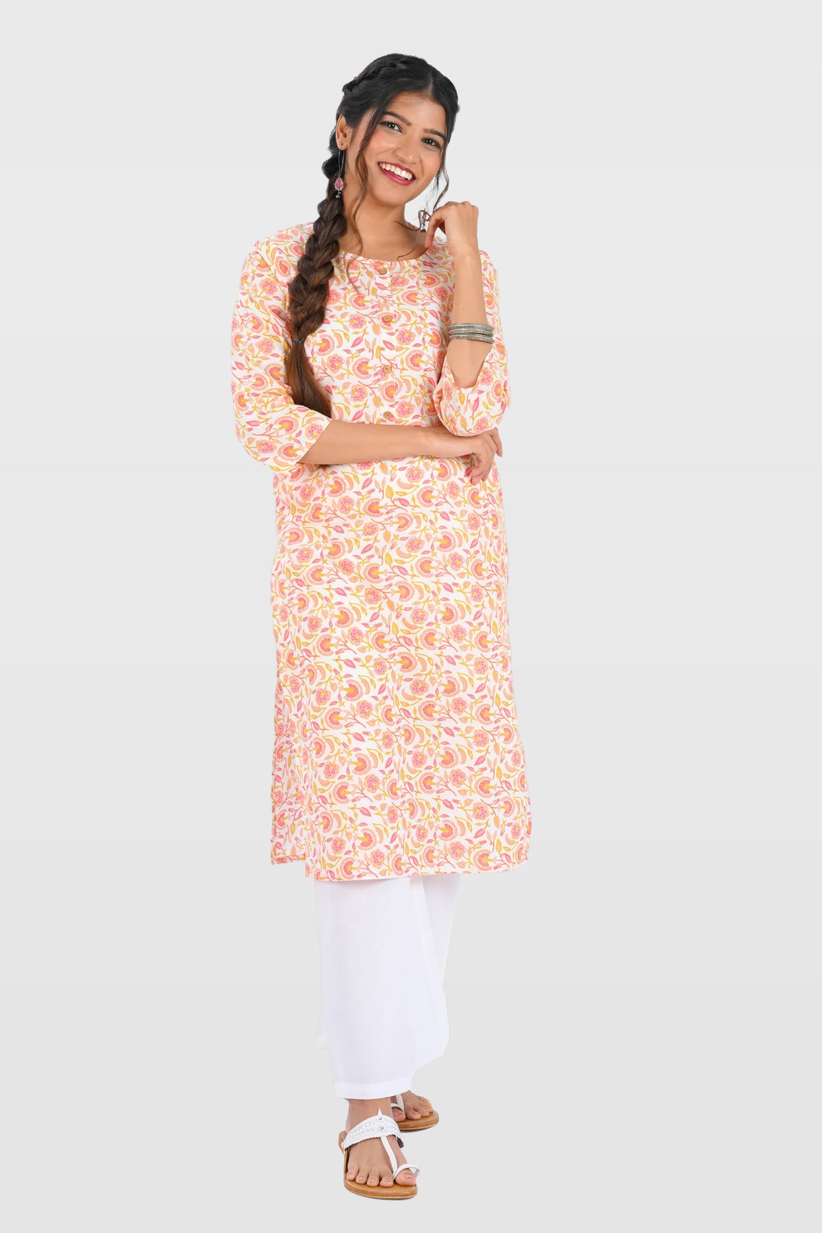 White Cotton Printed Long Kurta