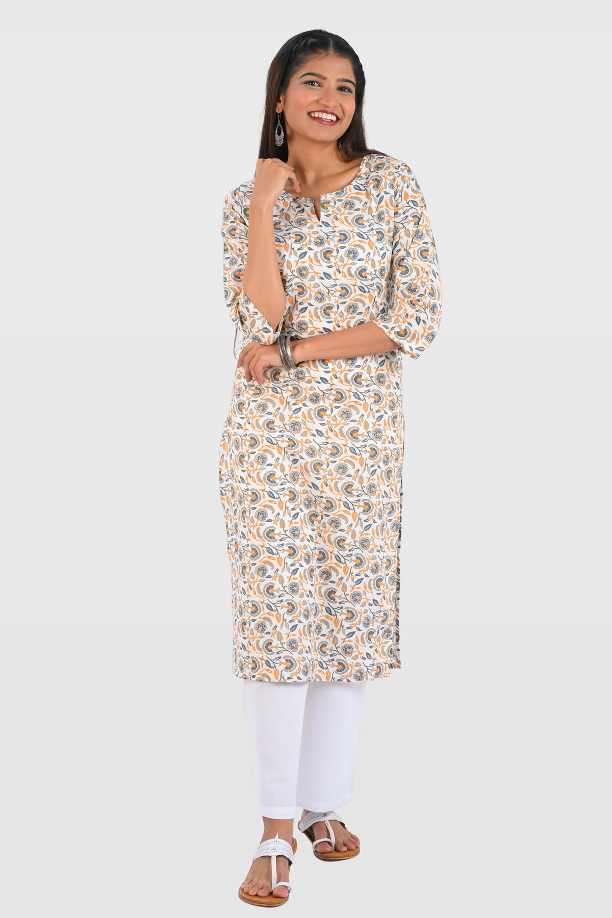 White Cotton Printed Long Kurta