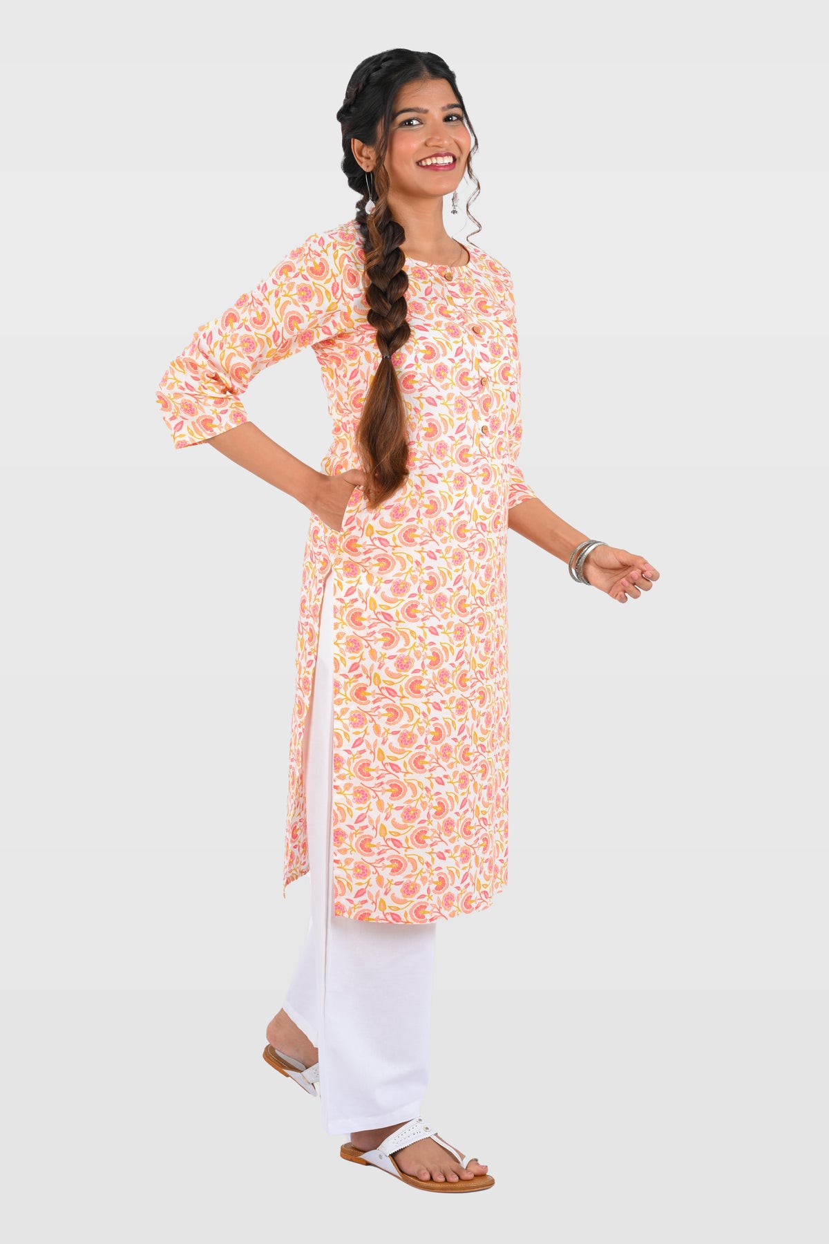 White Cotton Printed Long Kurta