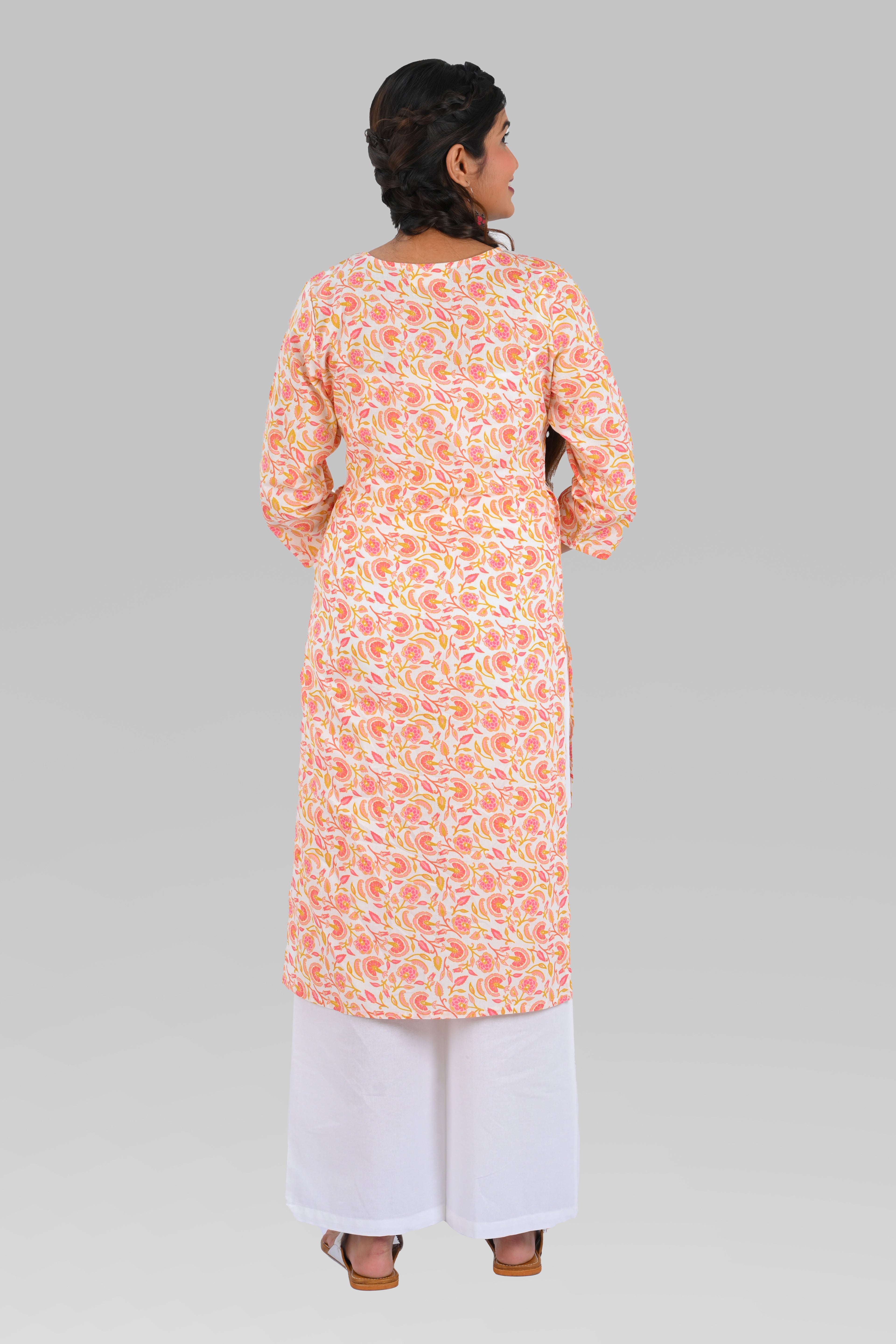 White Cotton Printed Long Kurta