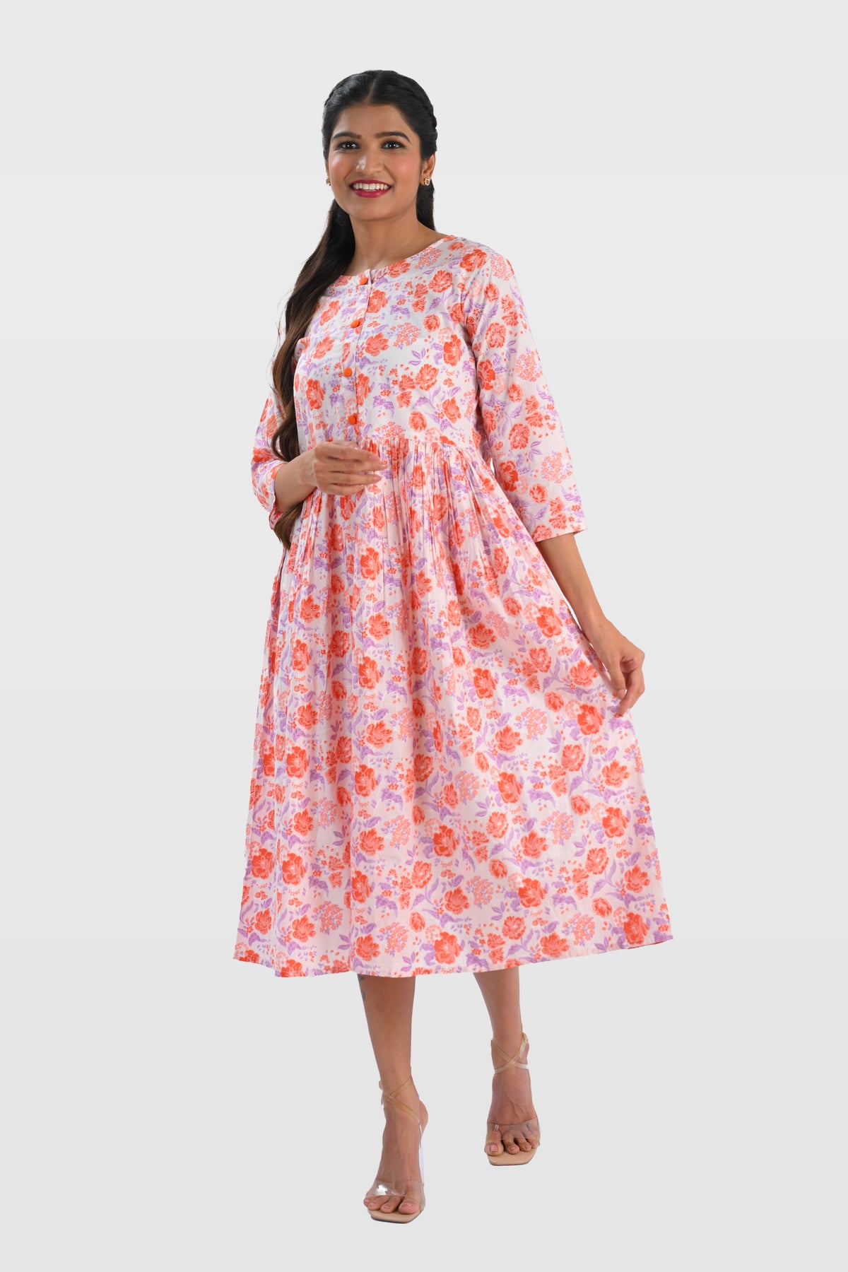 White Cotton Printed Midi Dress