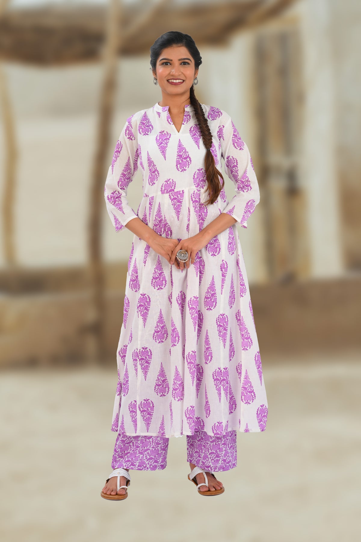 White French Lilac Cotton Printed Kurta Set