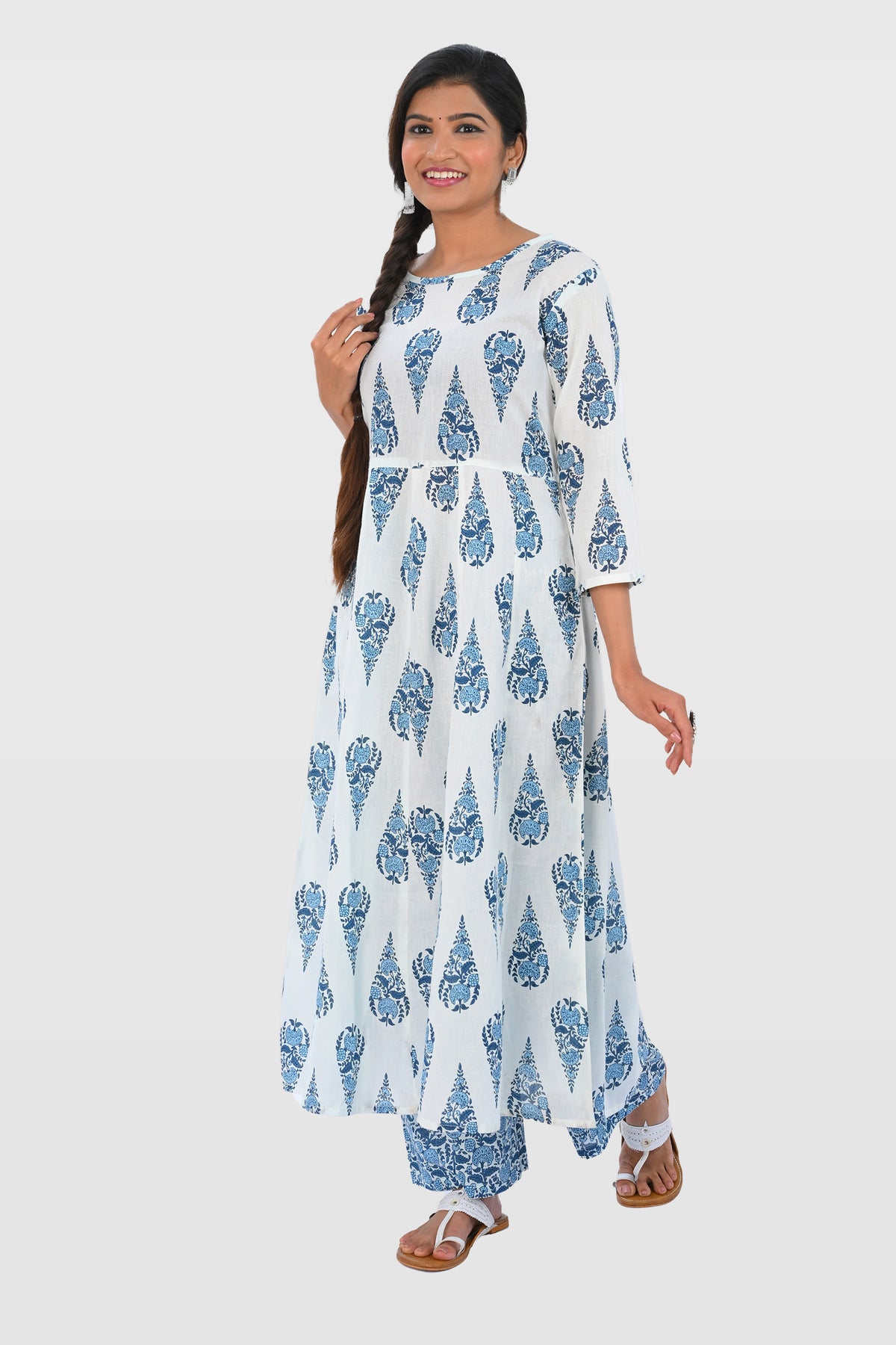 White Indigo Cotton Printed Kurta Set