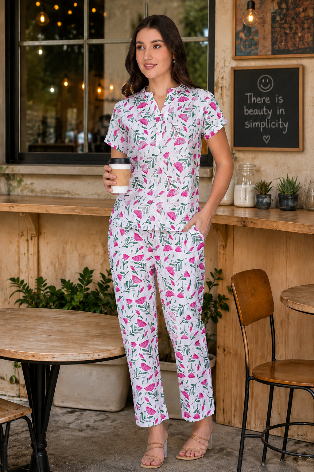 White Notch Collar Cotton Printed Pyjama Set