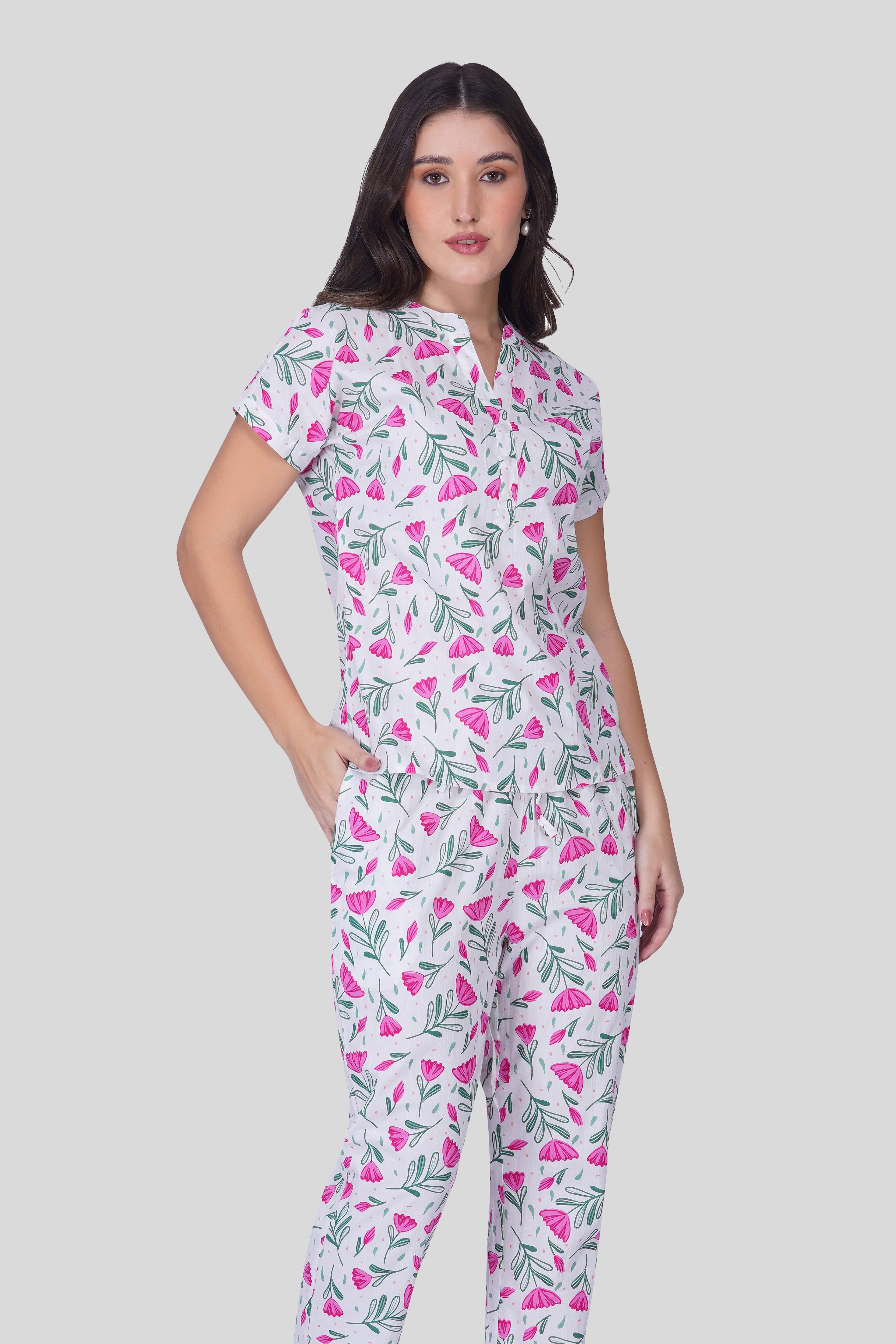 White Notch Collar Cotton Printed Pyjama Set
