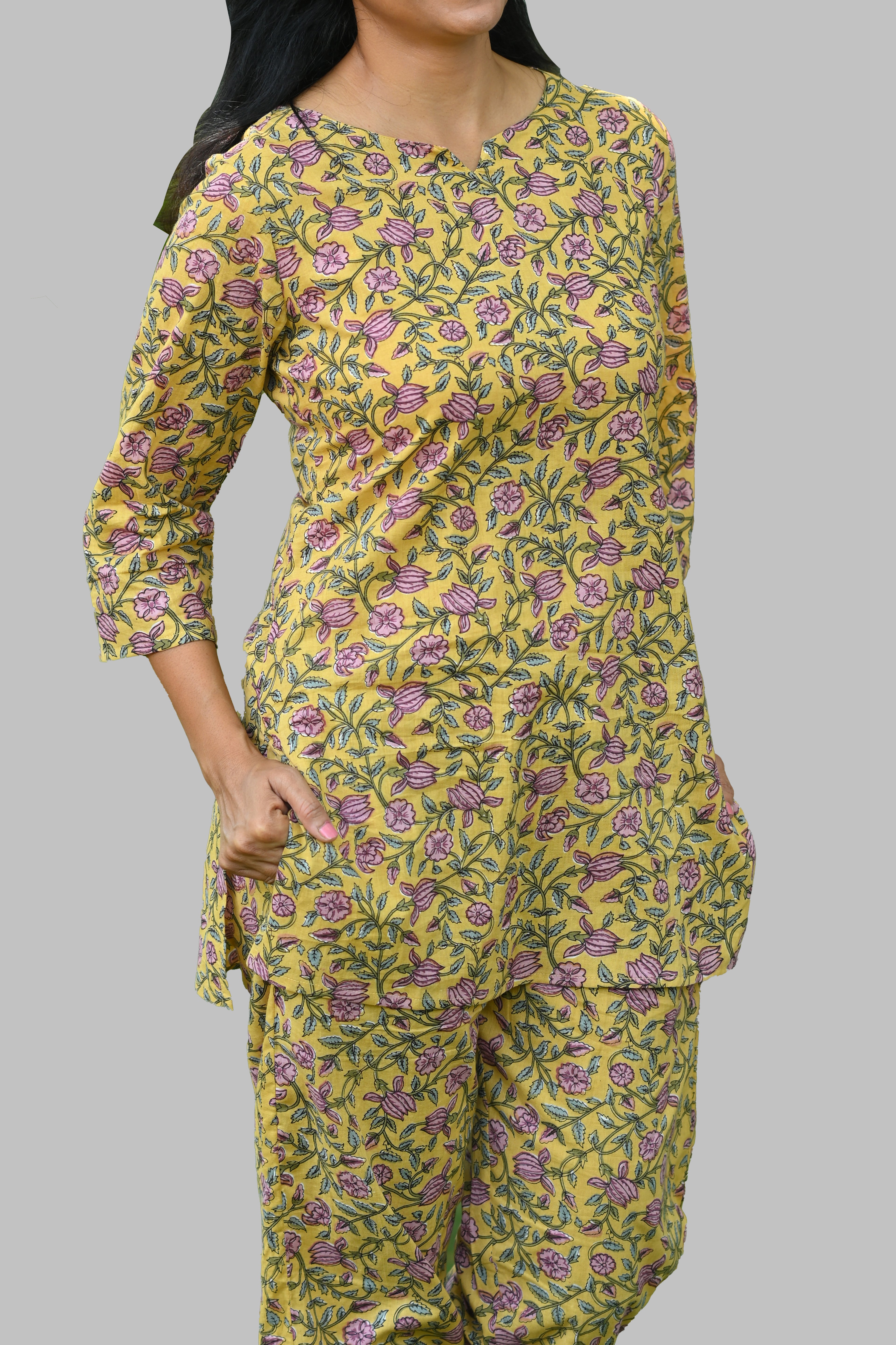 Yellow Floral Cotton Printed Pyjama Set
