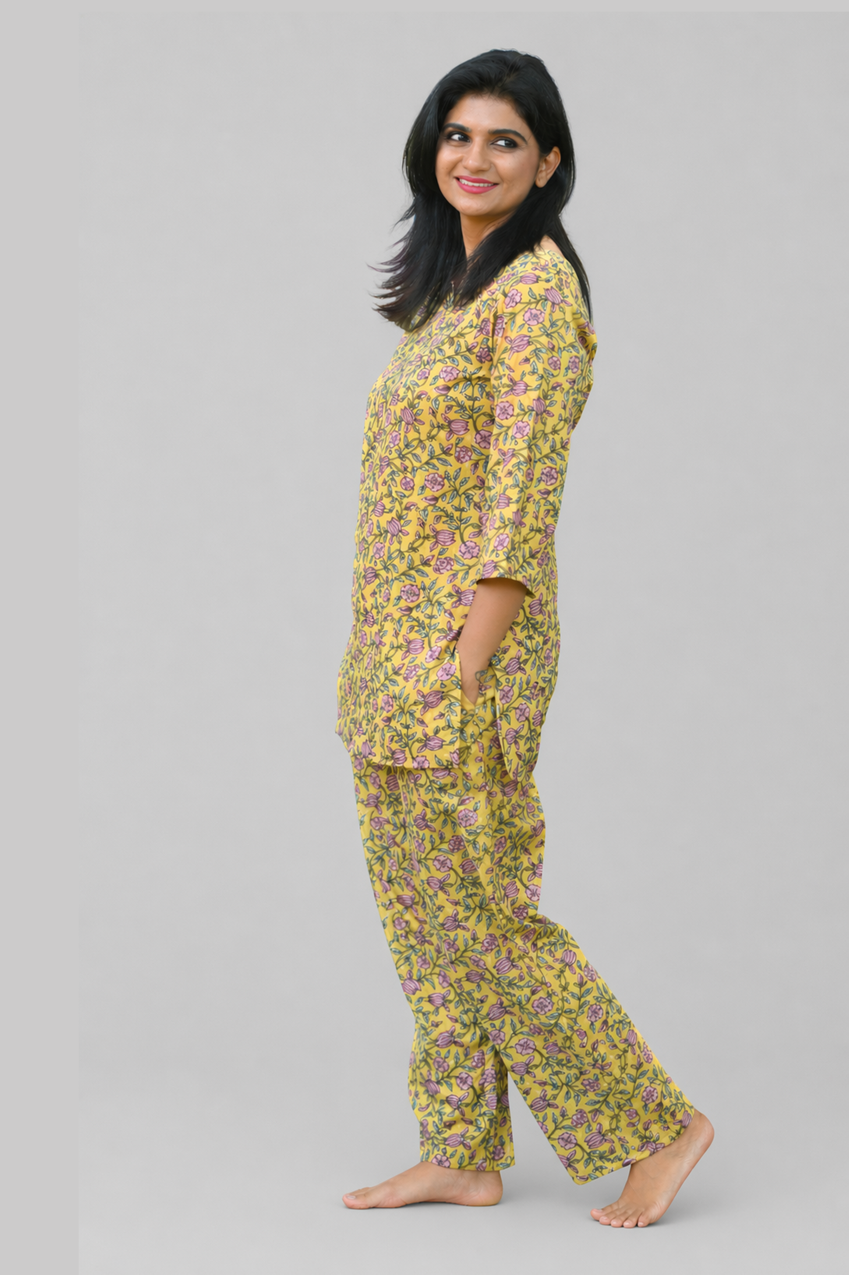 Yellow Floral Cotton Printed Pyjama Set