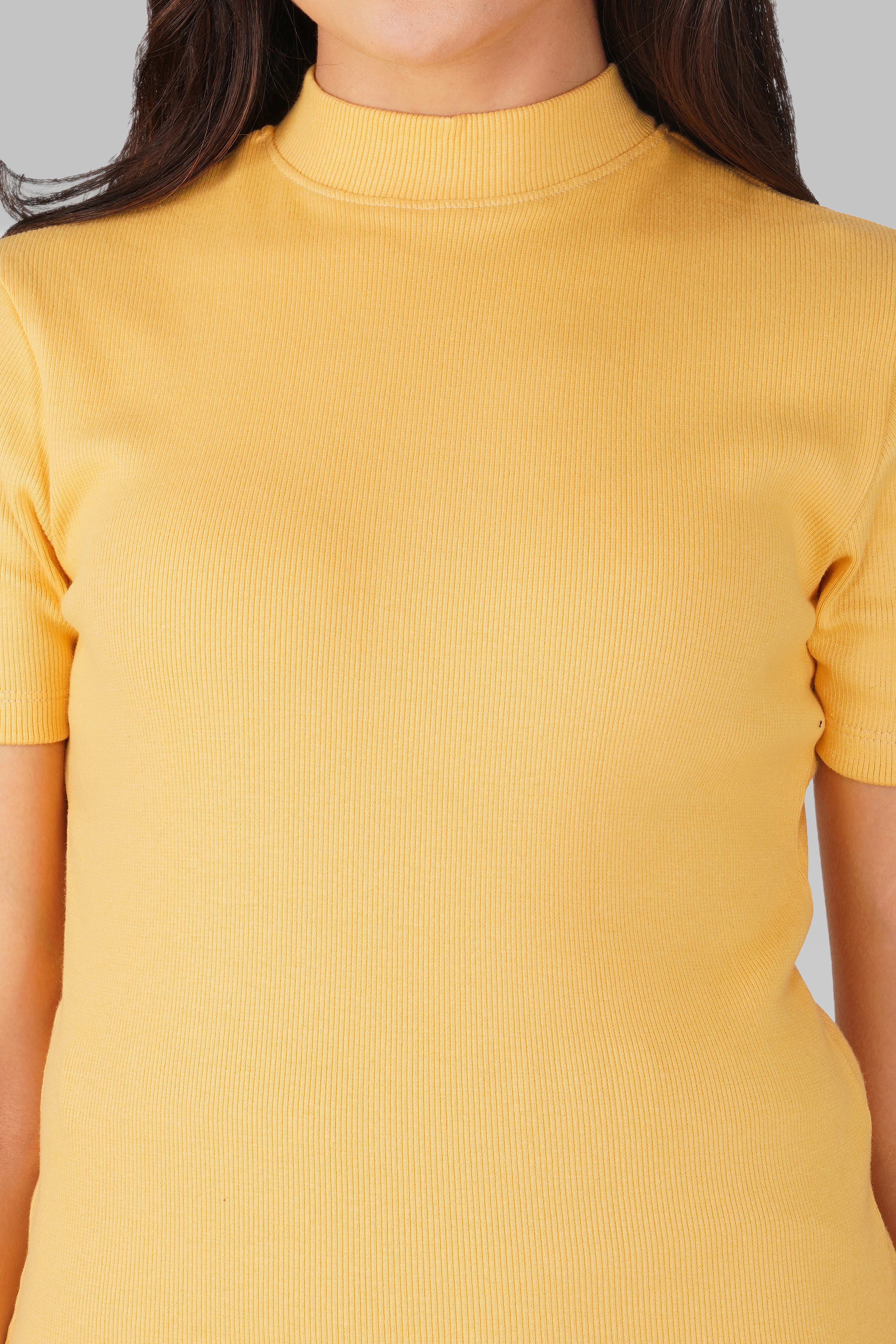 Yellow Ribbed Mock Neck Short Sleeve Top