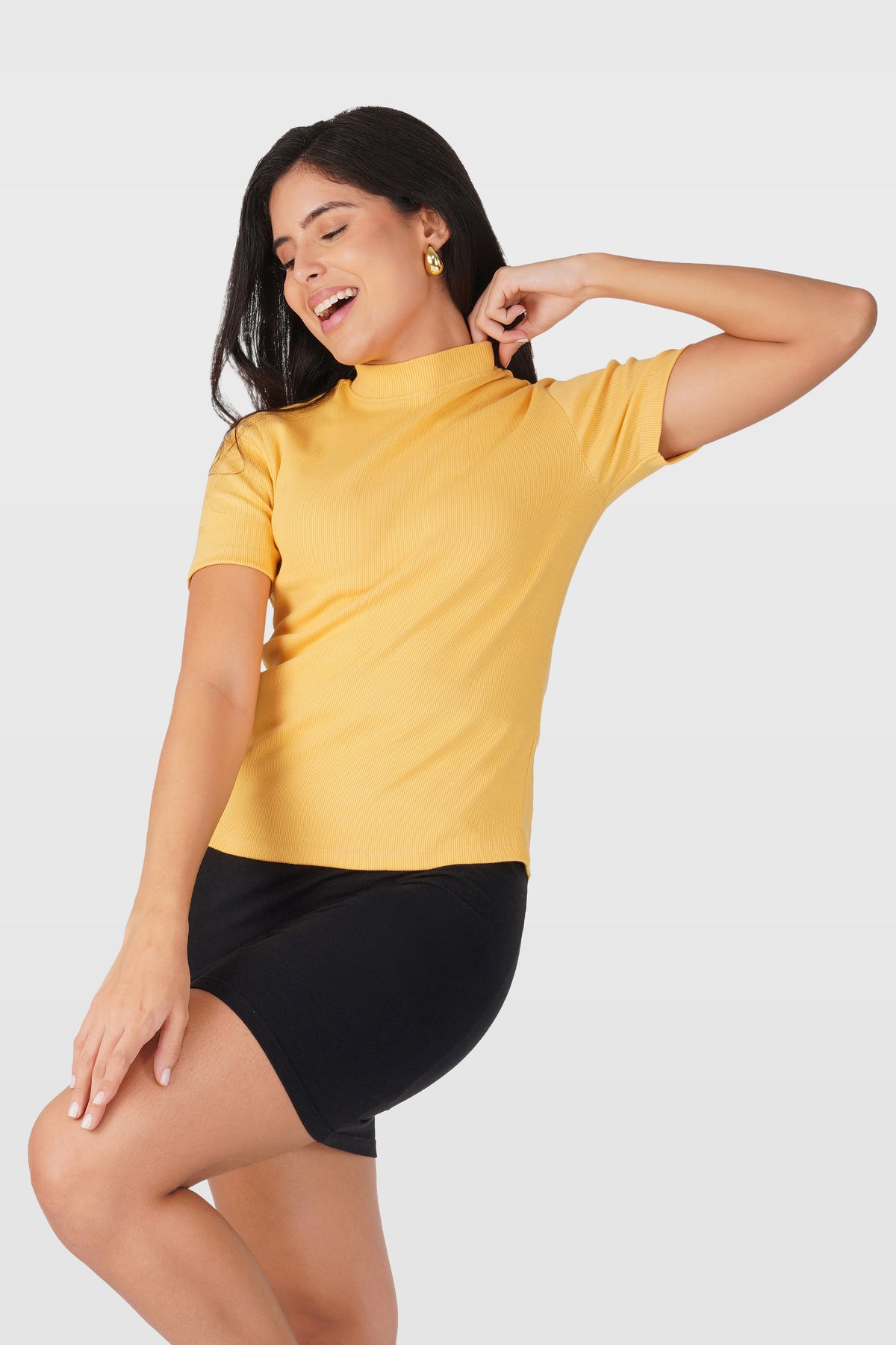 Yellow Ribbed Mock Neck Long Sleeve Top