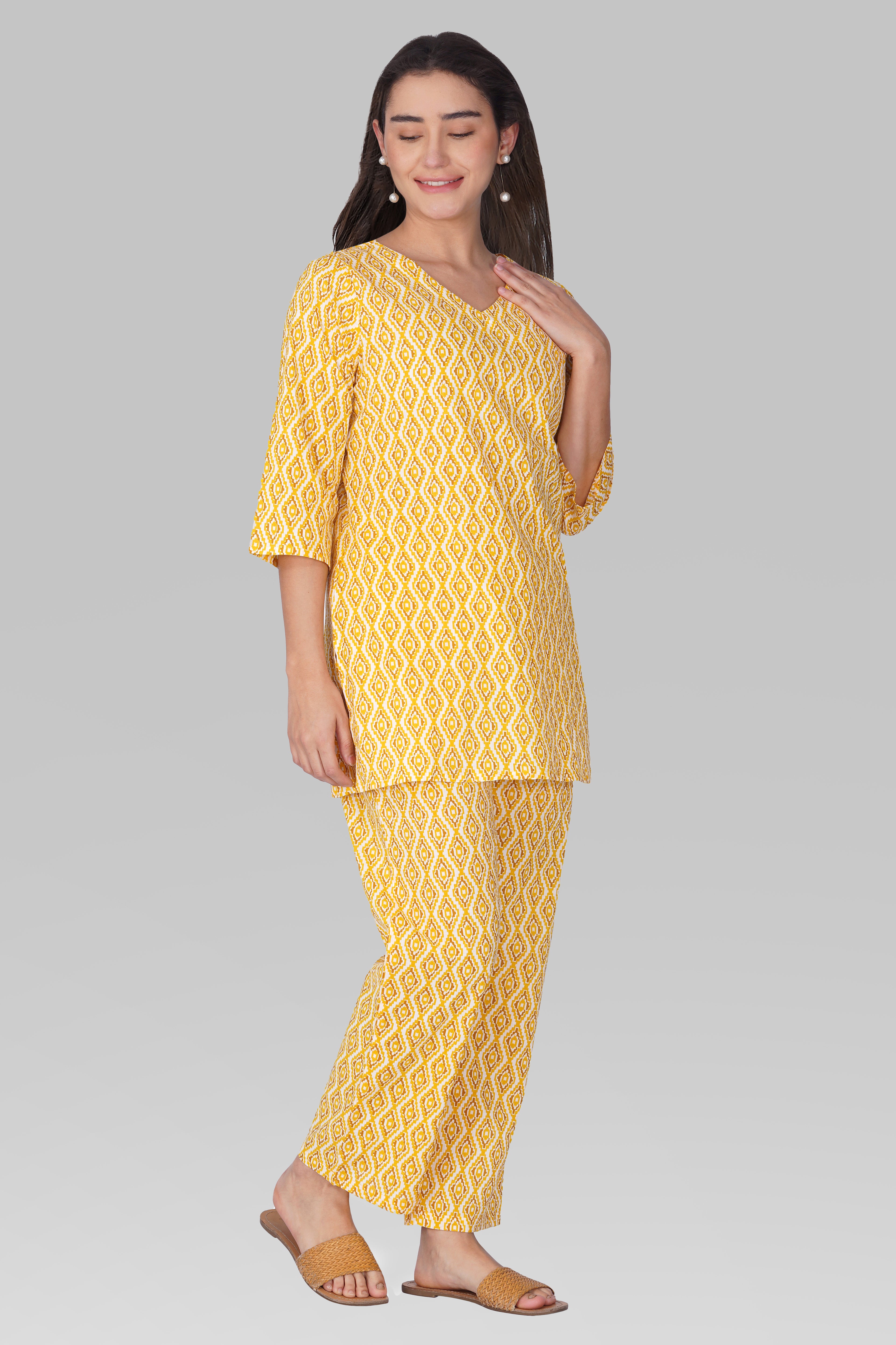 Yellow V Neck Cotton Printed Pyjama Set