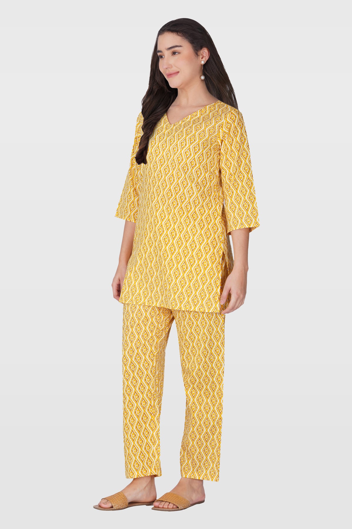Yellow V Neck Cotton Printed Pyjama Set