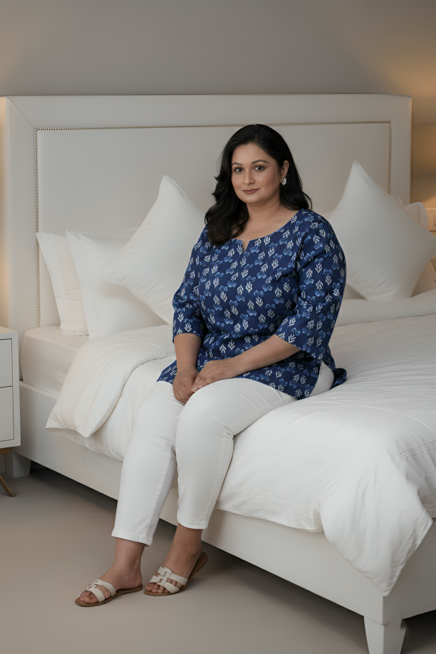 Dark Midnight Blue Plus Size Cotton Printed Kurti