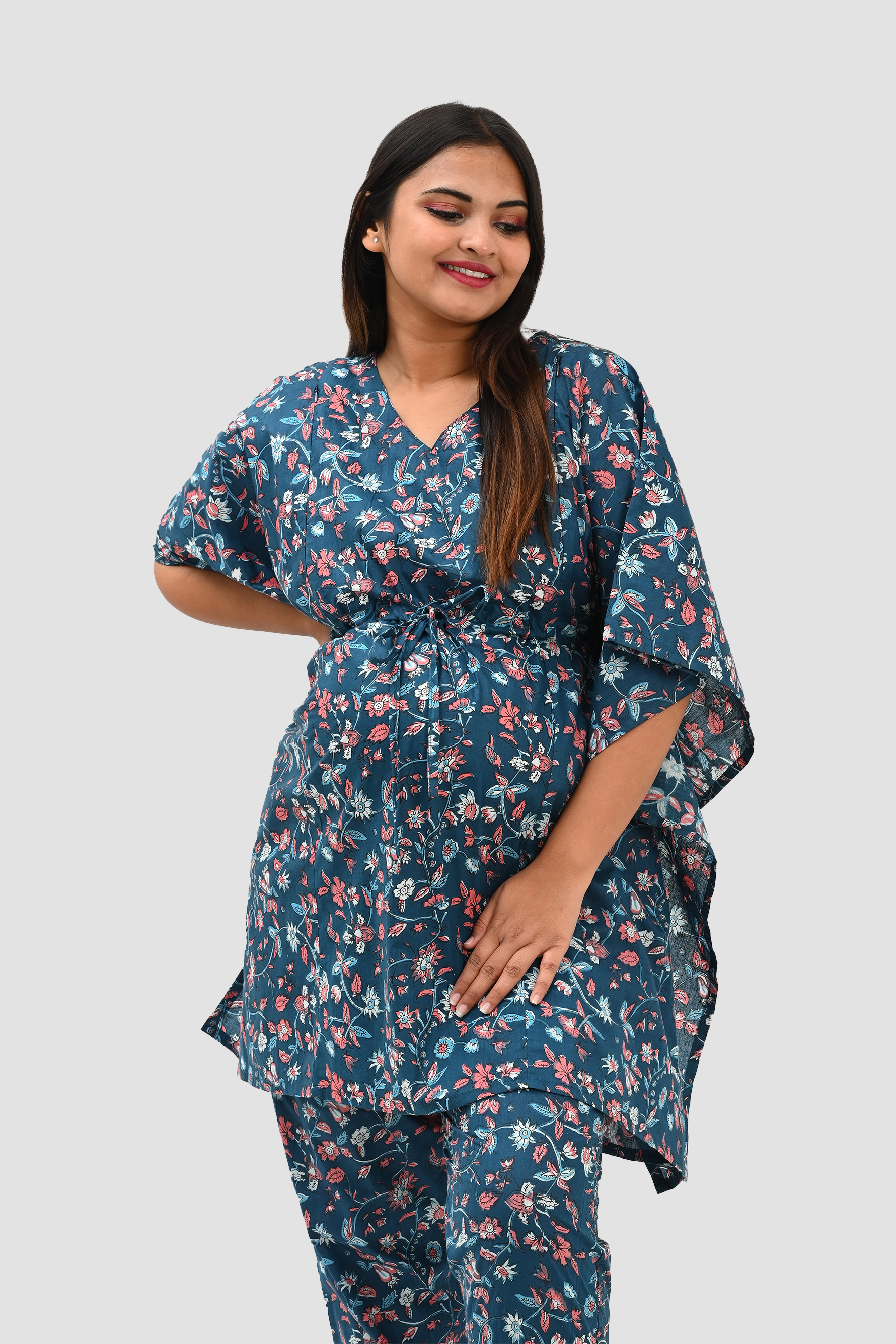 Floral Maternity and Feeding Kaftan Set in Blue
