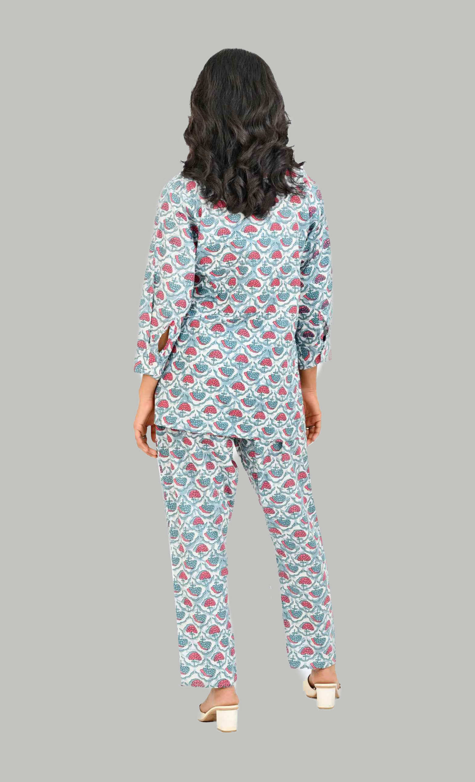 Sky Blue Cotton Printed Pyjama Set Cuban Collar