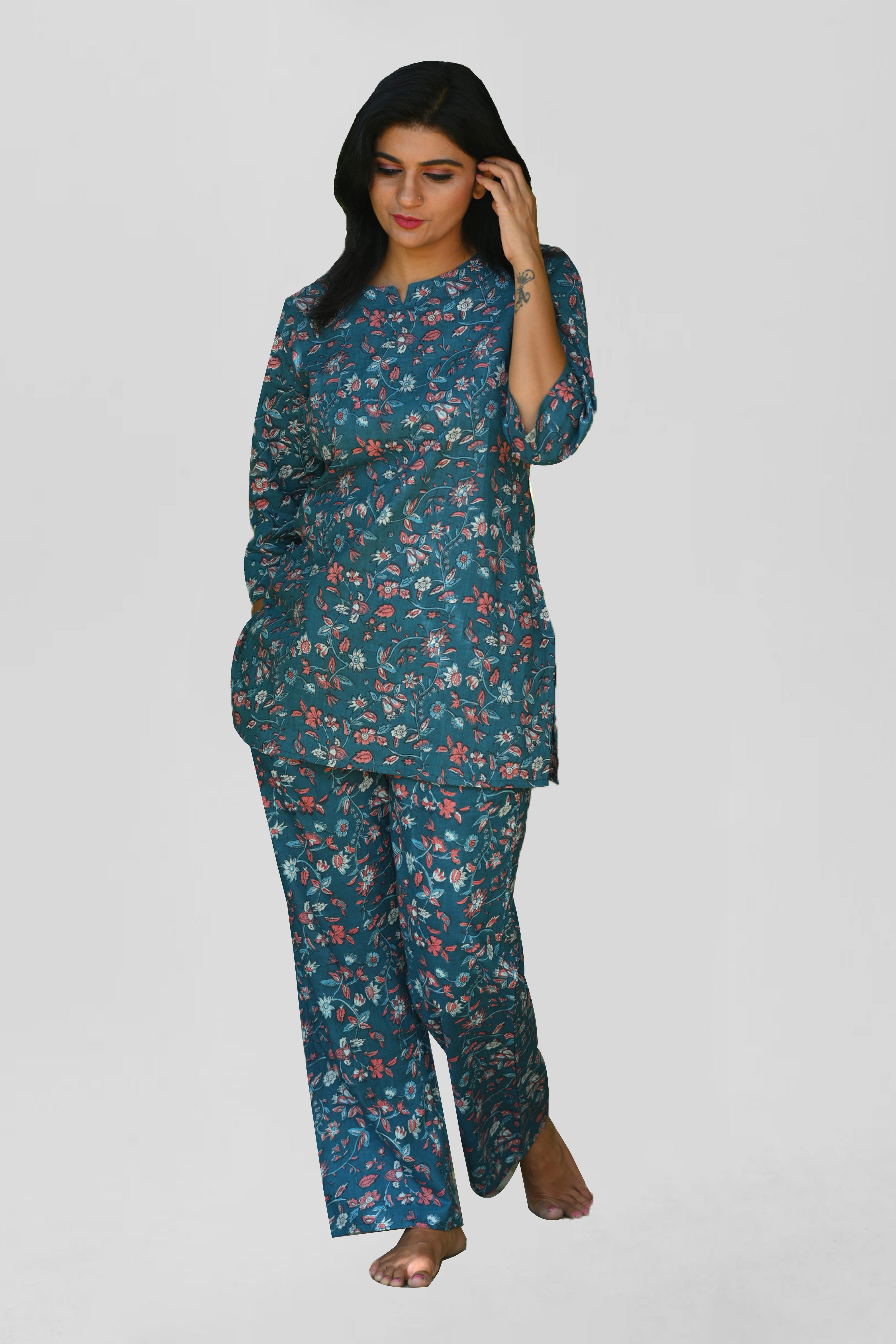 Navy Floral Cotton Printed Pyjama Set