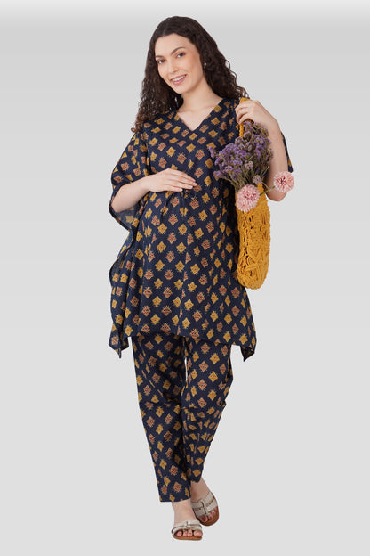 Dark Sapphire Cotton Printed Maternity and Feeding Kaftan Set