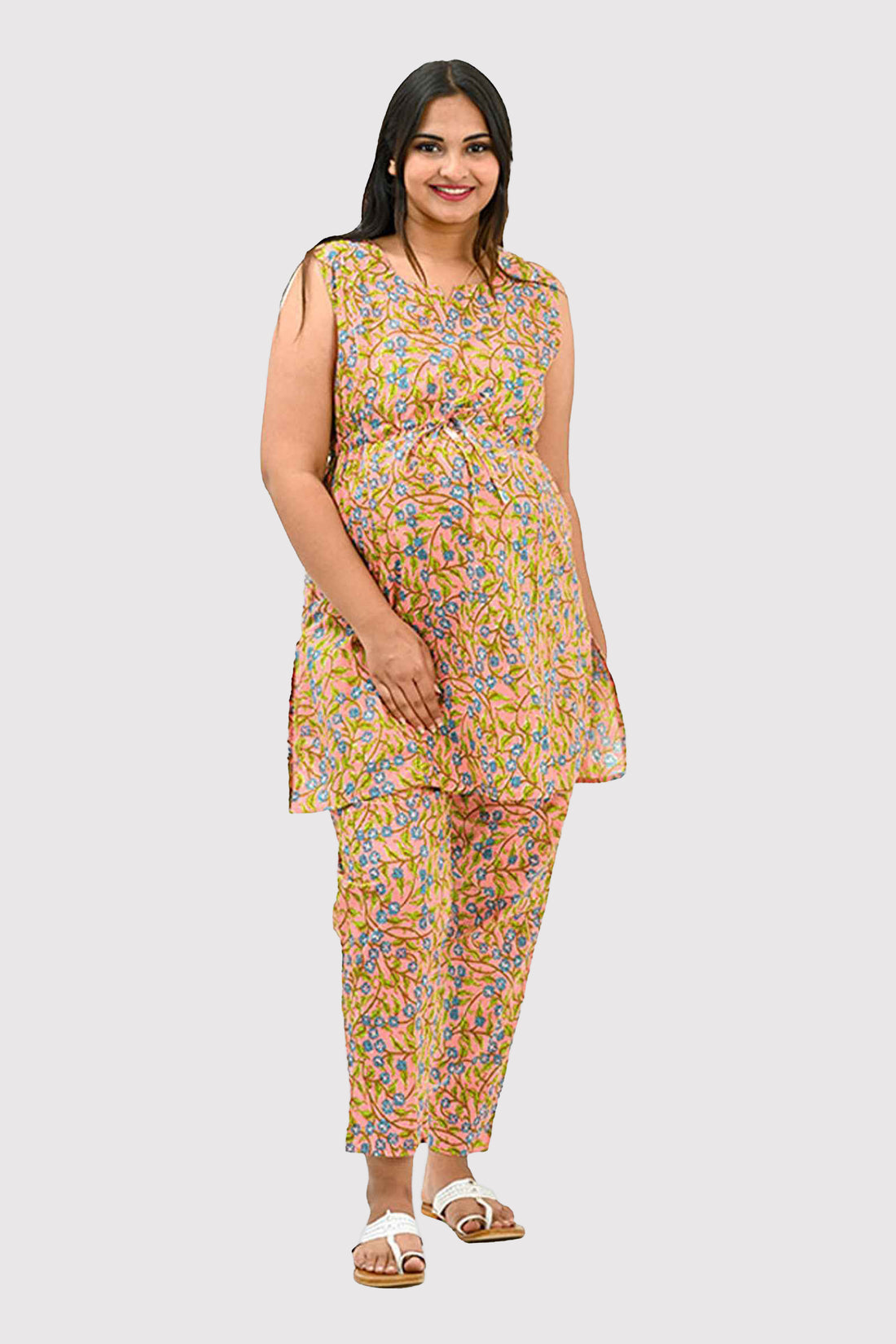 Floral Maternity and Feeding Kurta Set in Peach