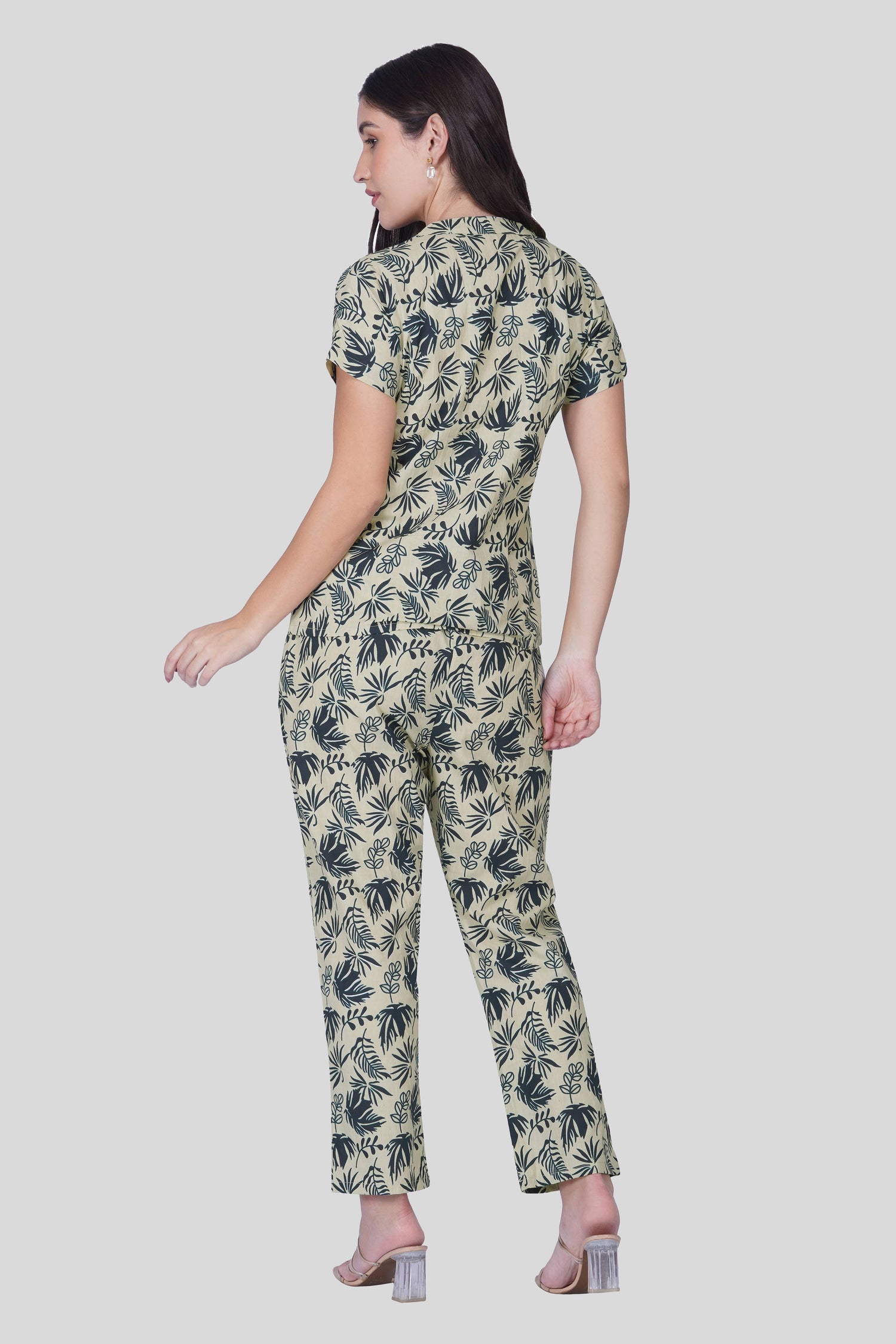 Grey Notch Collar Cotton Printed Pyjama Set