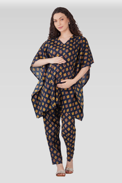 Dark Sapphire Cotton Printed Maternity and Feeding Kaftan Set