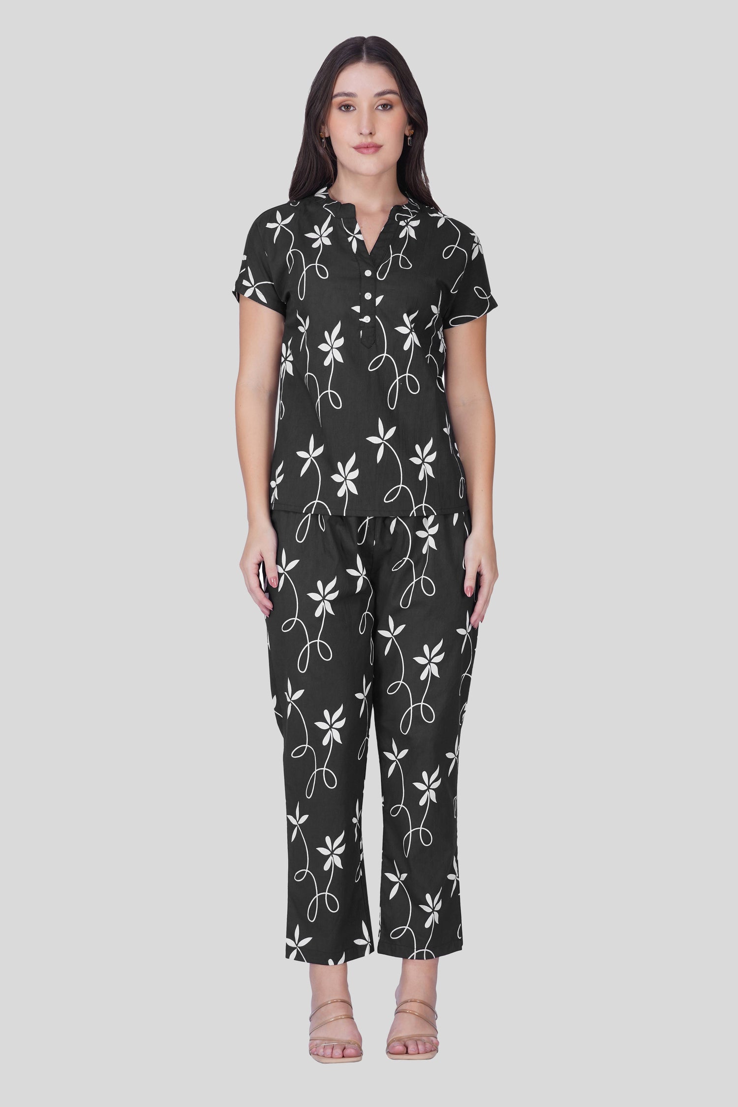 Black Notch Collar Cotton Printed Pyjama Set