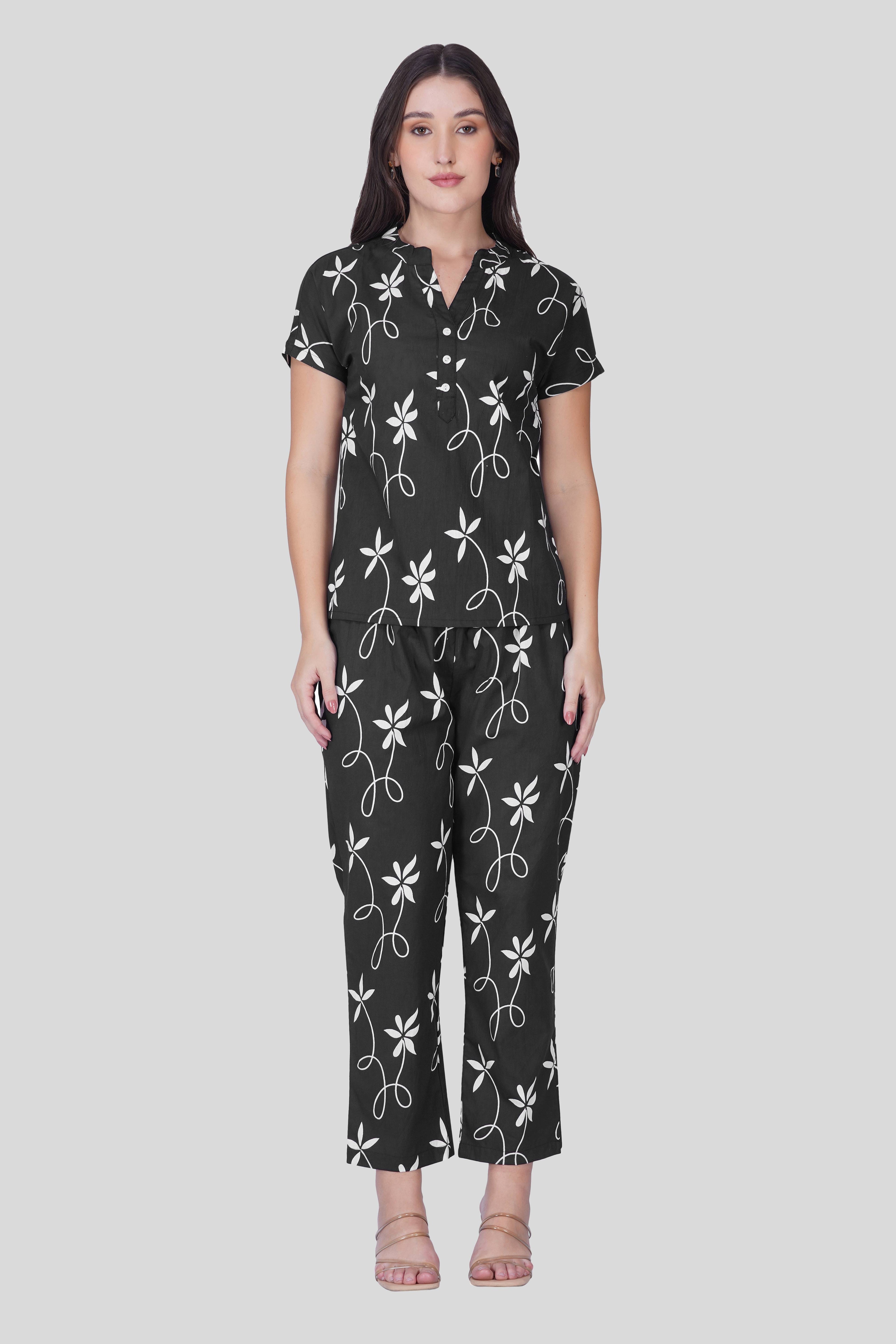 Black Notch Collar Cotton Printed Pyjama Set