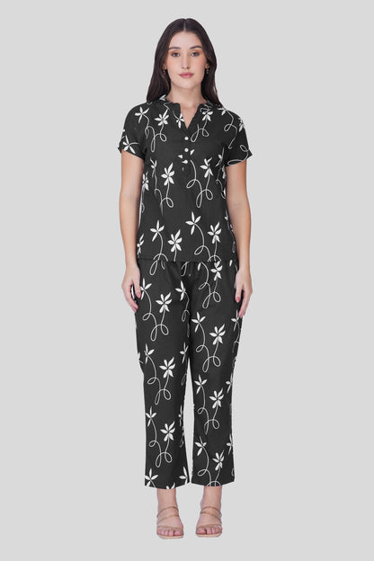 Black Notch Collar Cotton Printed Pyjama Set
