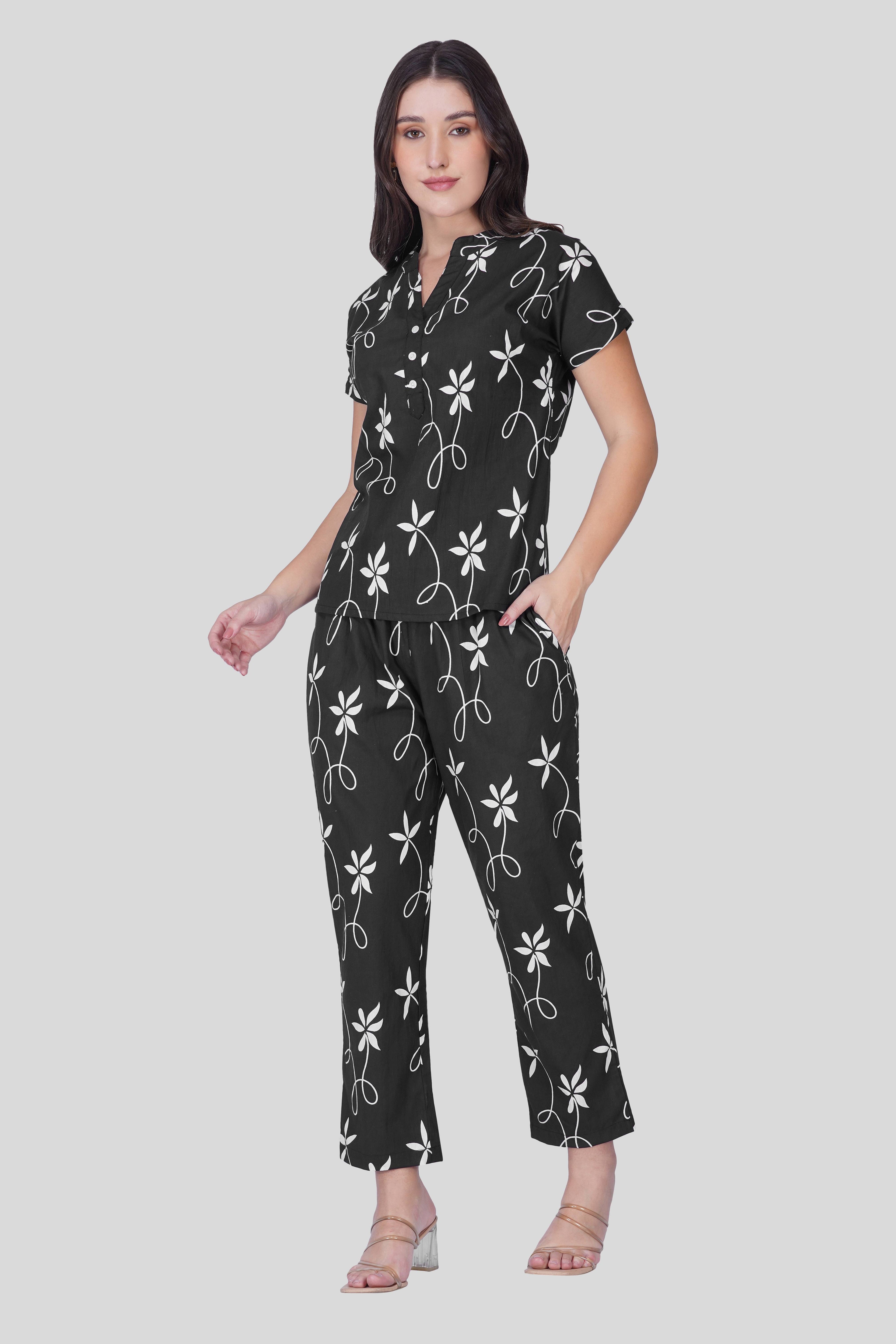 Black Notch Collar Cotton Printed Pyjama Set
