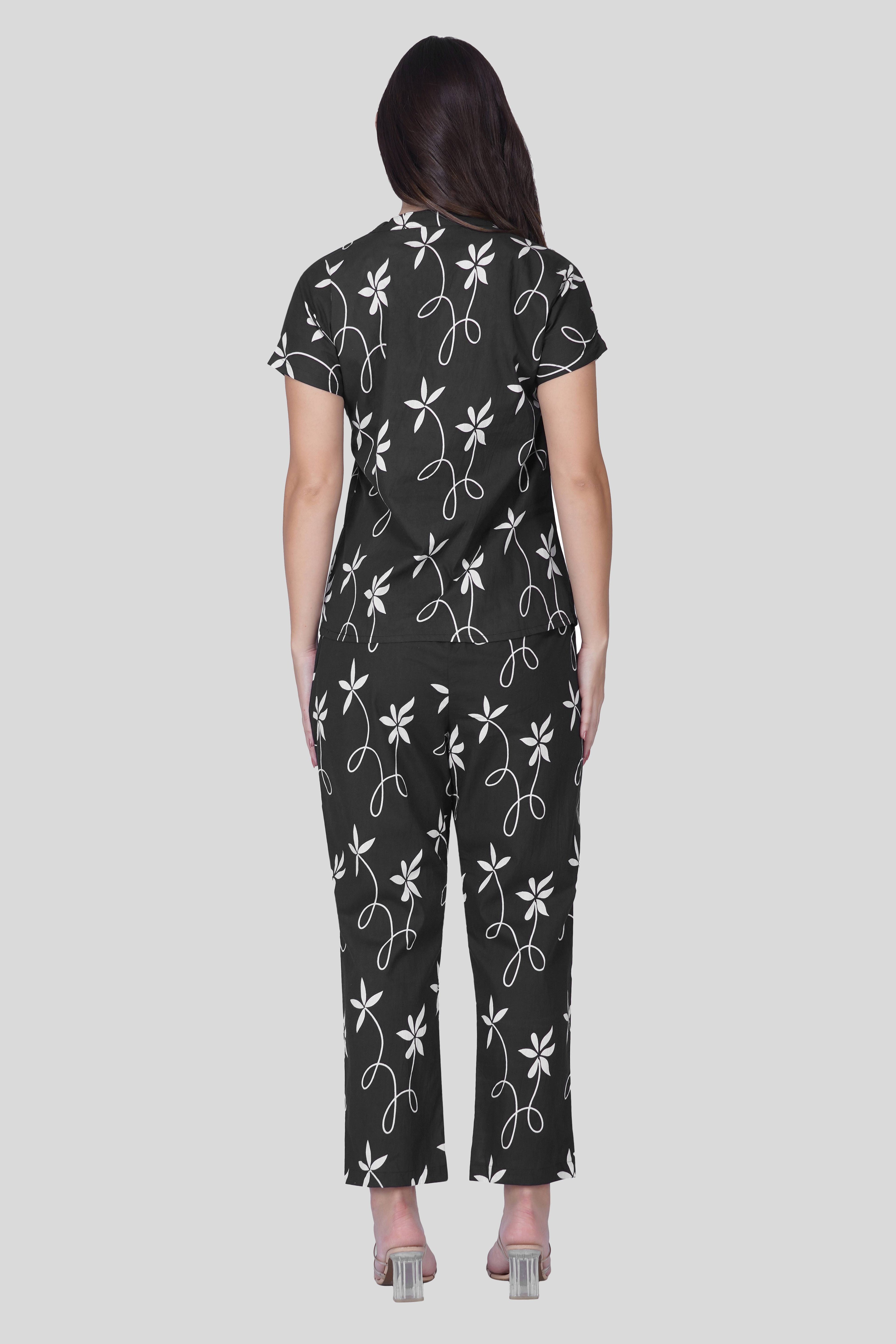Black Notch Collar Cotton Printed Pyjama Set