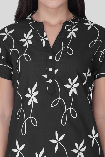 Black Notch Collar Cotton Printed Pyjama Set
